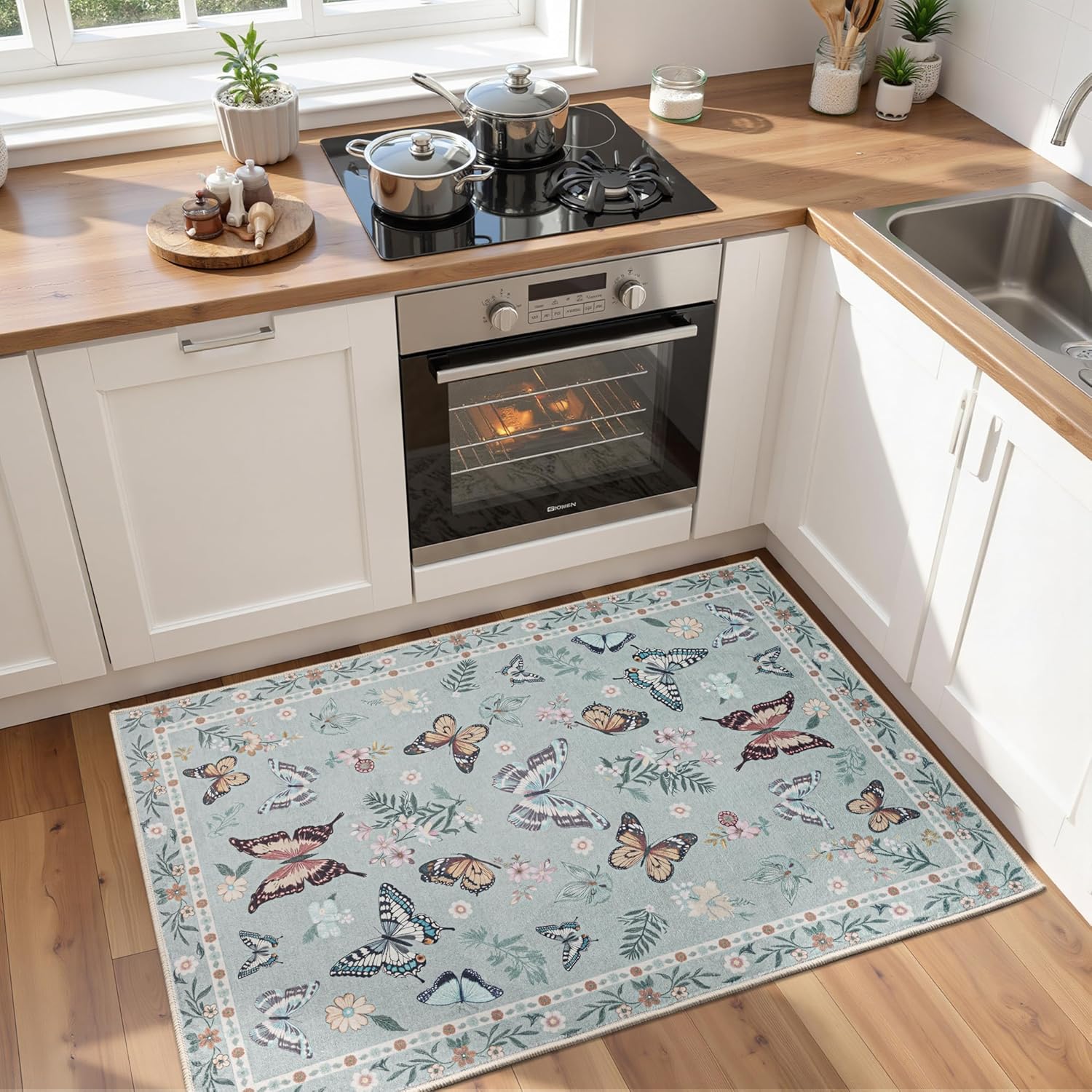 2x3 Green Butterfly Washable Area Rugs, Stain-Resistant Floral Door Mat, Non-Slip Low-Pile Throw Entryway Rugs for Girls Bedroom, Living Room, Nursery, Bathroom, Kids Playroom, Home Decor