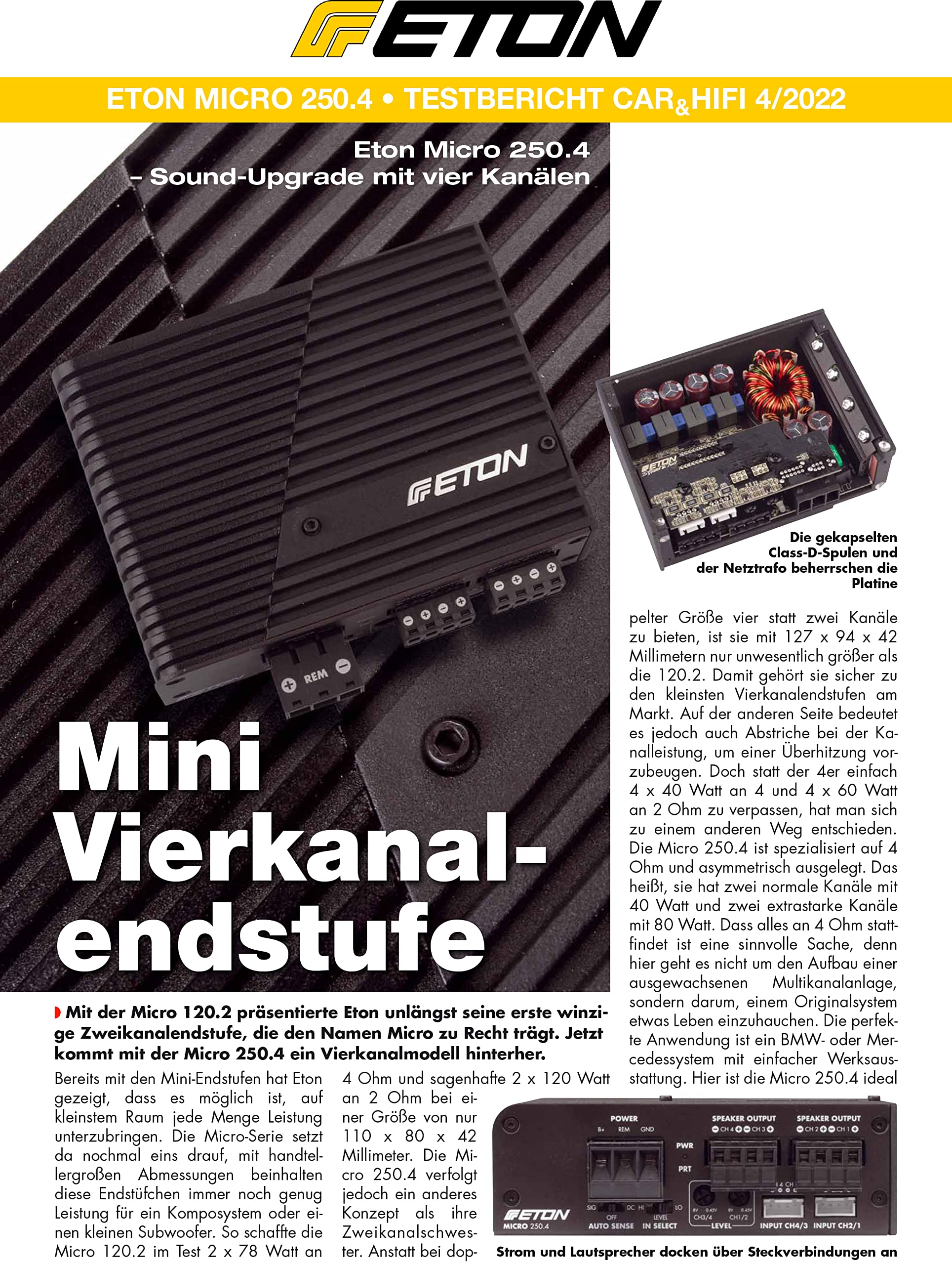 ETON Micro 250.4 – sehr kompakte 4-Kanal Endstufe, Class-D Digital Verstärker, perfekt für PKWs und Reisemobile