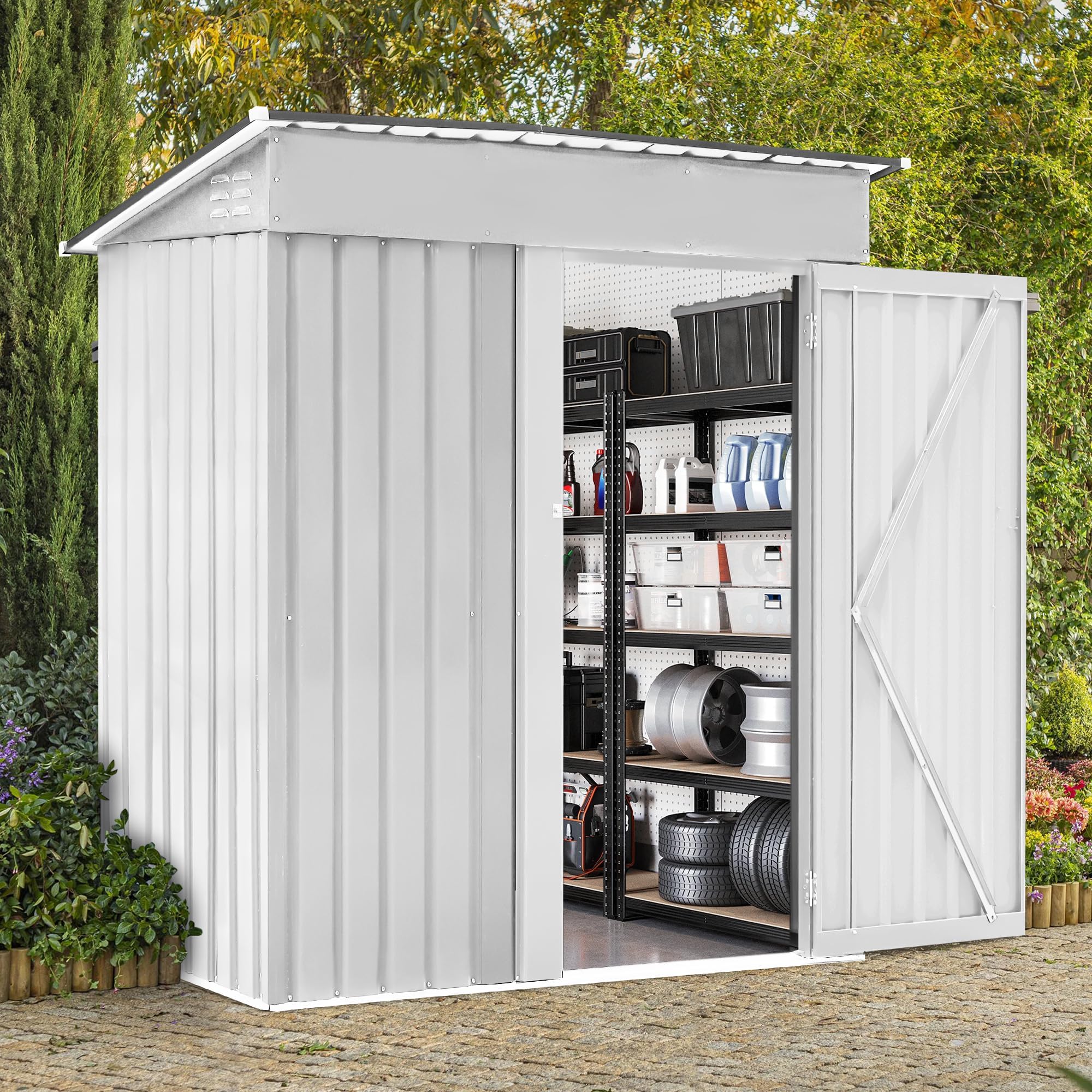 5x3 FT Outdoor Storage Shed Garden Shed Tool Shed with Lockable Door and Sloping Roof, Durable Metal Storage Shed for Backyard, Outside, Patio, White
