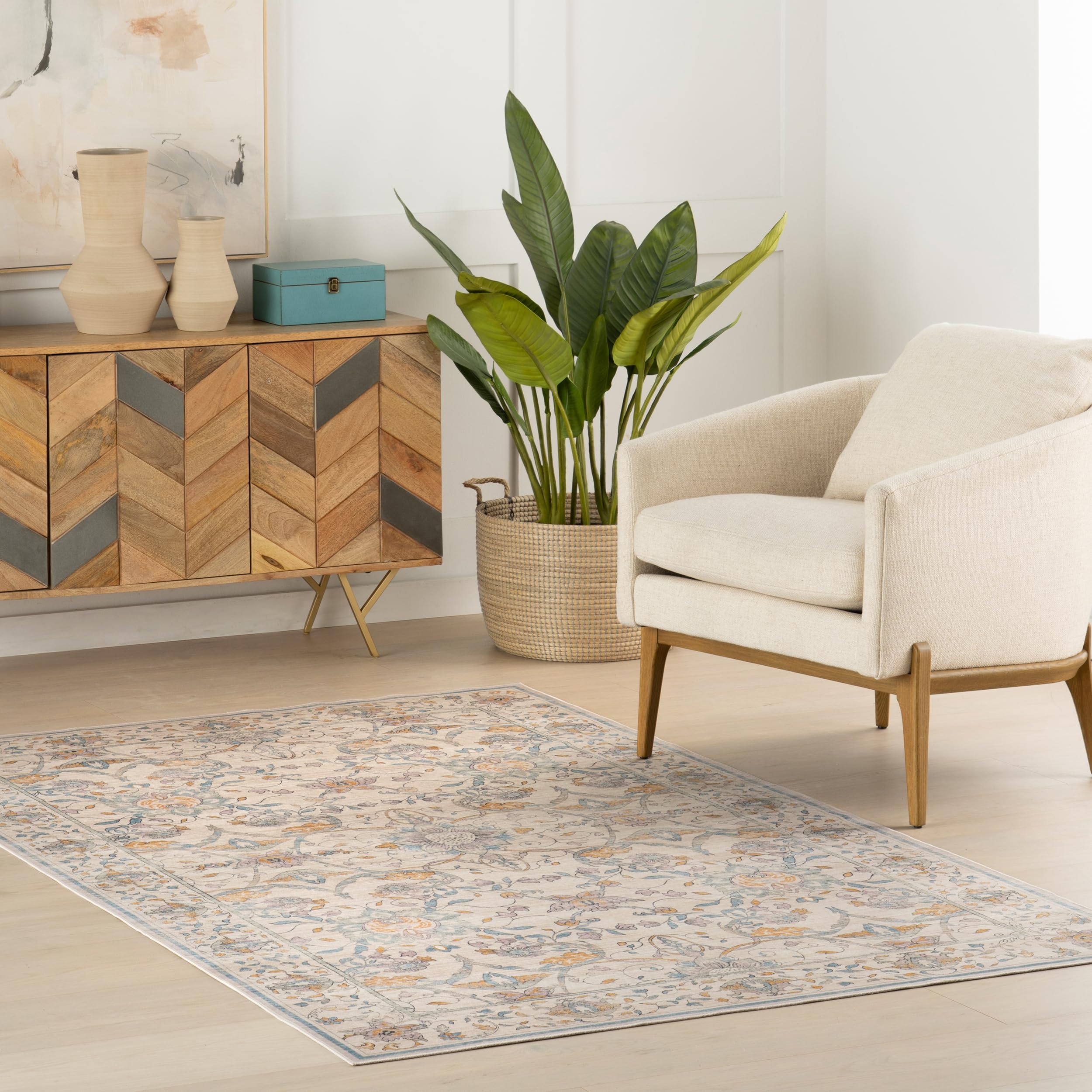 Tapis lavable en machine nuLOOM floral pour un salon chaleureux et sans taches