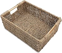 Vista 11 de Cesta de almacenamiento de hierba marina natural con asa, cesta rectangular de mimbre para organizar, cesta de almacenamiento de mimbre decorativa