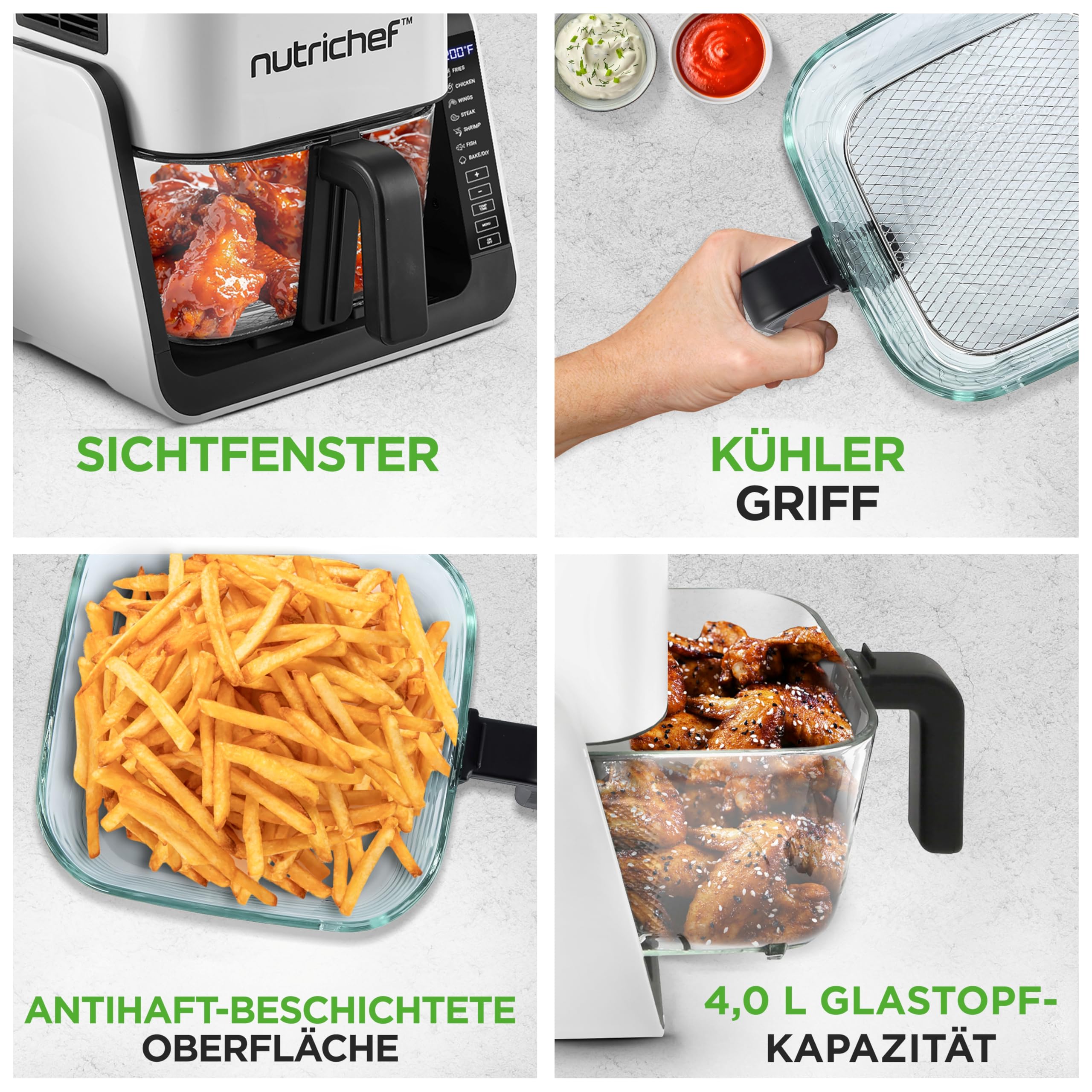 NutriChef Heißluftfritteuse 4L mit Grillfunktion 1500W Weiß – Airfryer ohne Öl mit Sichtfenster, 7 Programme, Glasbehälter für Familien