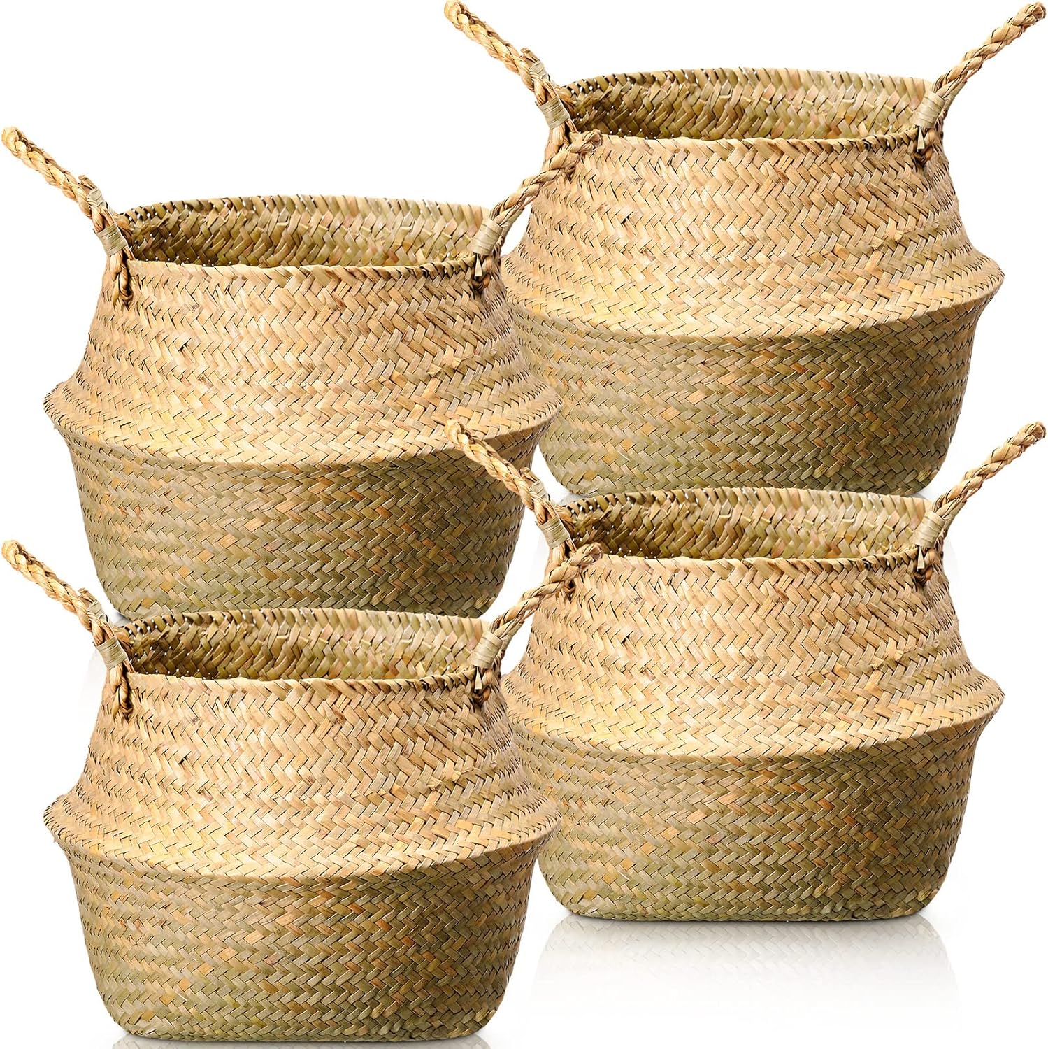 Qunclay 4 Pcs Woven Seagrass Baskets Belly Basket Folding Boho Natural Plant Pot with Handles Round Decorative Wicker Large Indoor Planter for Home Outdoor Tree Planters Decor (M,8.46''dx8.66''h)