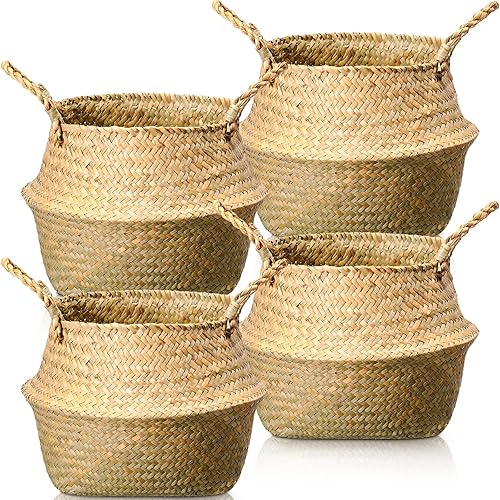Qunclay 4 Pcs Woven Seagrass Baskets Belly Basket Folding Boho
