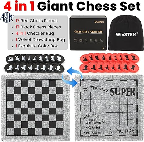 Miniatura 2 de Juego de ajedrez gigante 4 en 1, ajedrez gigante y damas gigantes y dedo grande de Tic Tac, juego de mesa de ajedrez gigante para niños y adultos,