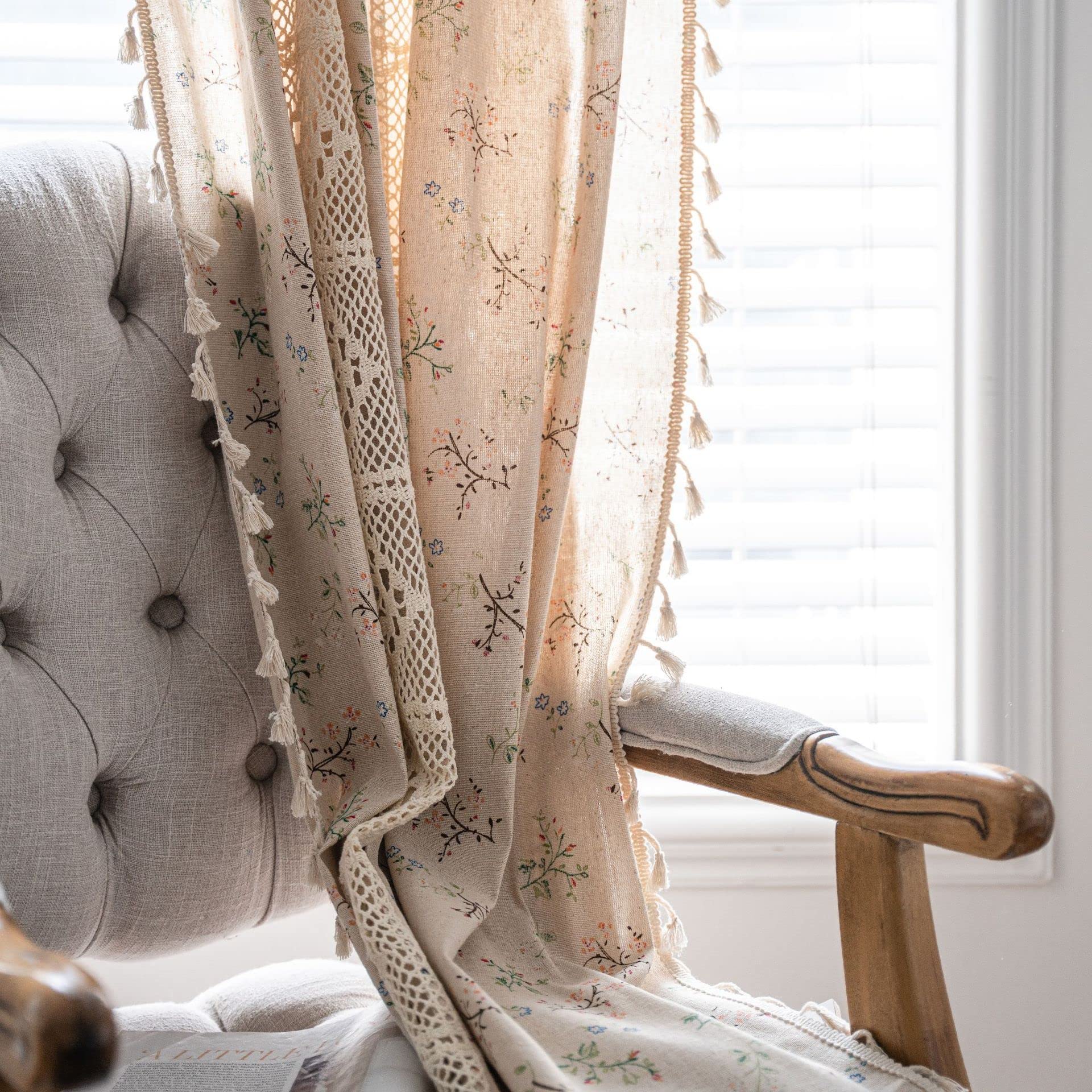 Rideau floral bohème de 200,7 cm de long en dentelle au crochet et patchwork draperie semi-transparente à glands bohème avec passe-tringle panneau de rideau de fenêtre pour salon, chambre à