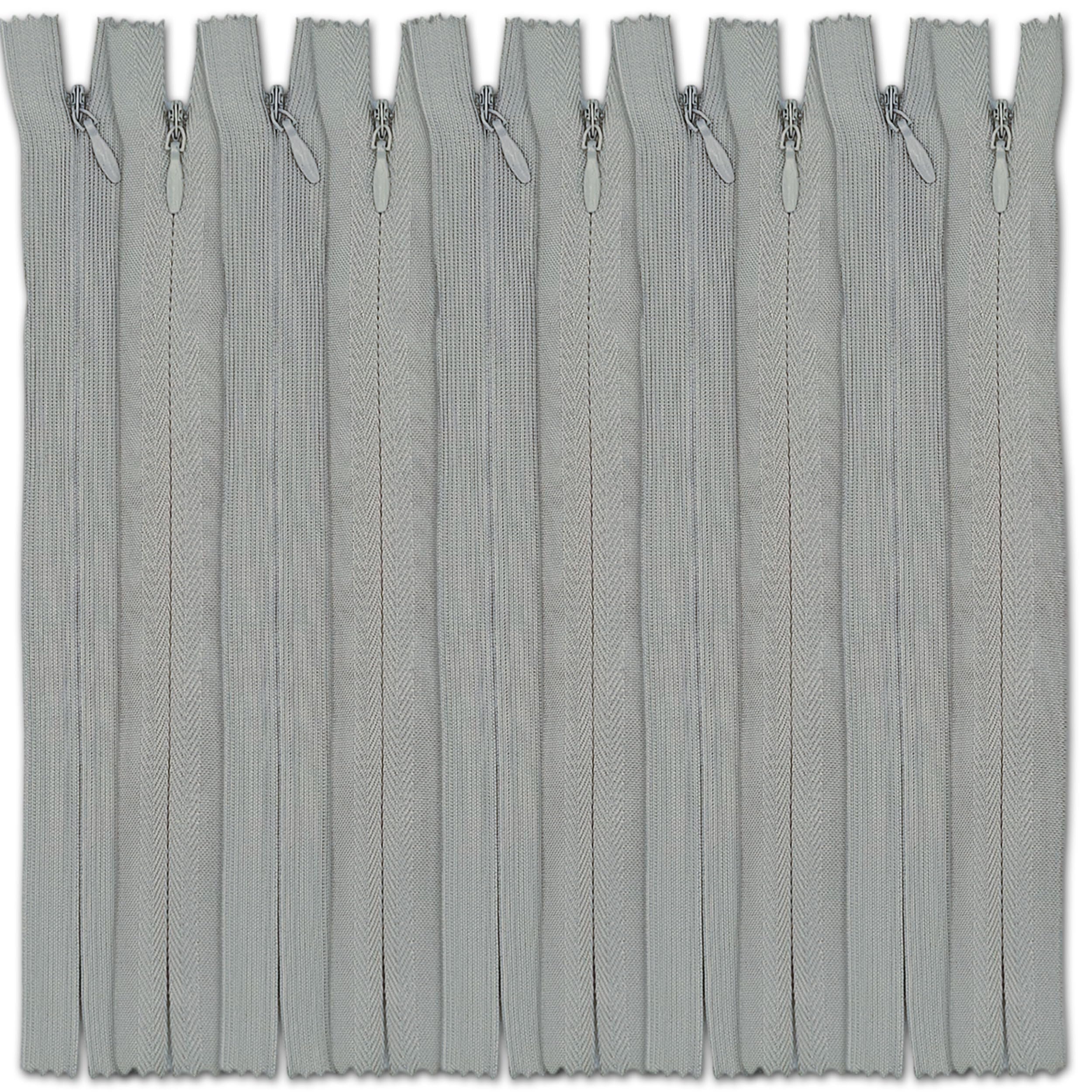 Set of 10 Invisible Zips 24” Light Grey | Closed-End Coil Zip 60cm Long with Single Slider Size #3 | Hidden Nylon Zip for Skirts, Dresses, Trousers DIY Repair, Tailoring | Replacement Zipper