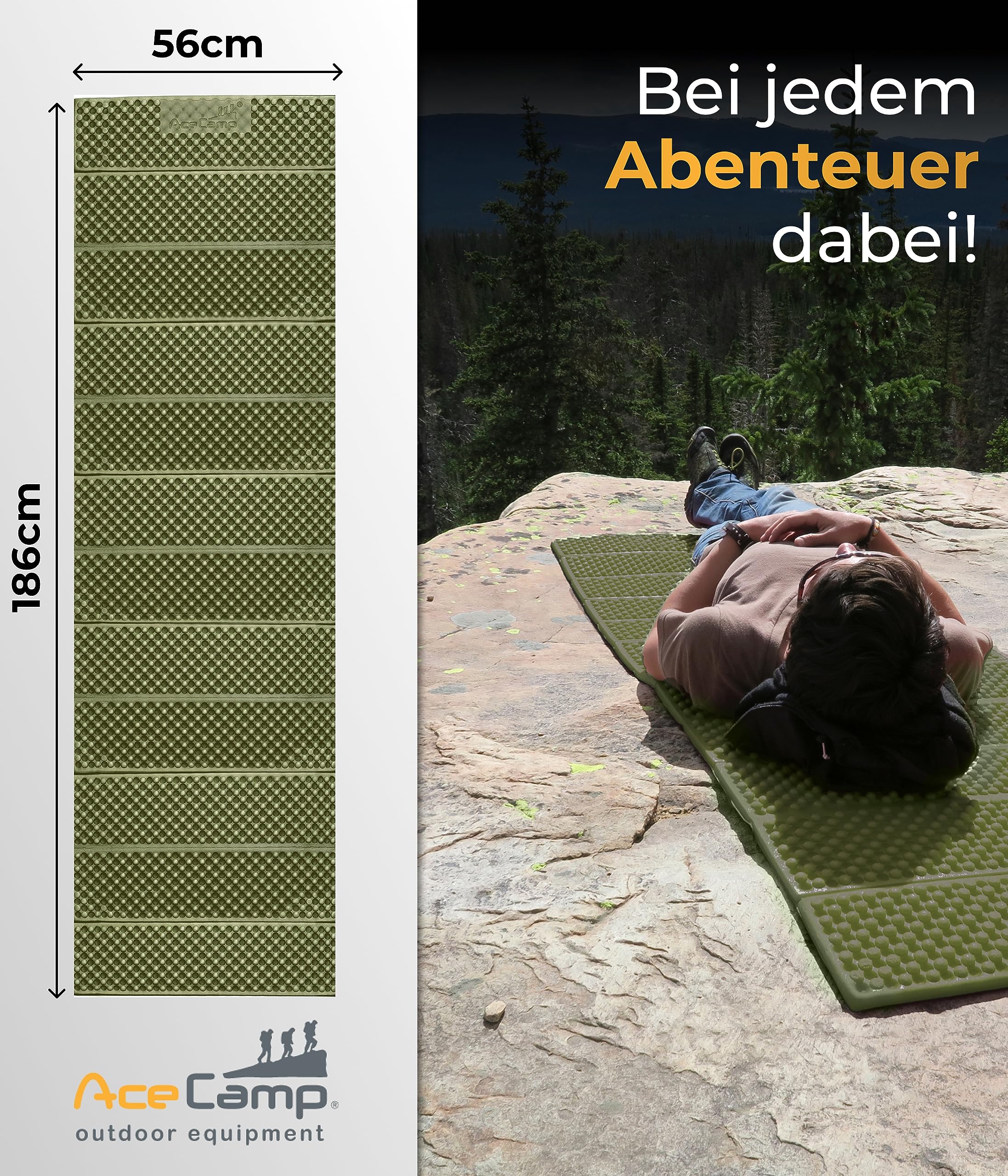 AceCamp Tragbare Schaumstoff-Isomatte, volle Länge, Akkordeon-Isomatte für Camping & Wandern, leicht, weich und kompakt, Kissen für Schlafsack, Komfort, Zelt, felsiges Gelände
