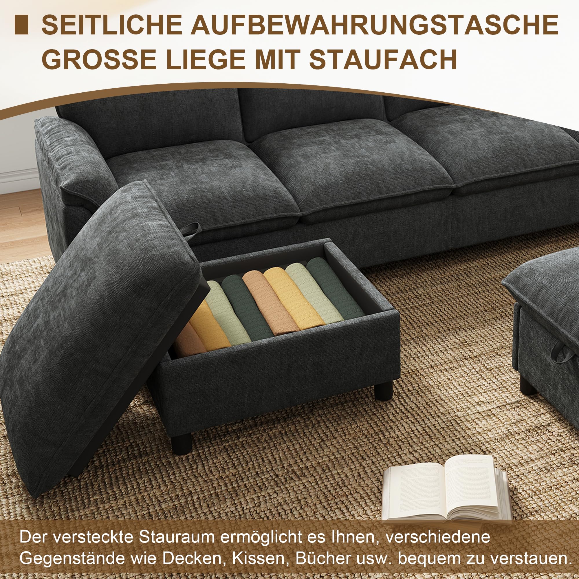 Merax Modulares Cloud-Sofa U-Form 265cm, Gemütliche Wohnlandschaft mit 2 Stauraum-Hockern, Bequemes Ecksofa mit tiefer Sitzfläche, Couch für Wohnzimmer, Grau