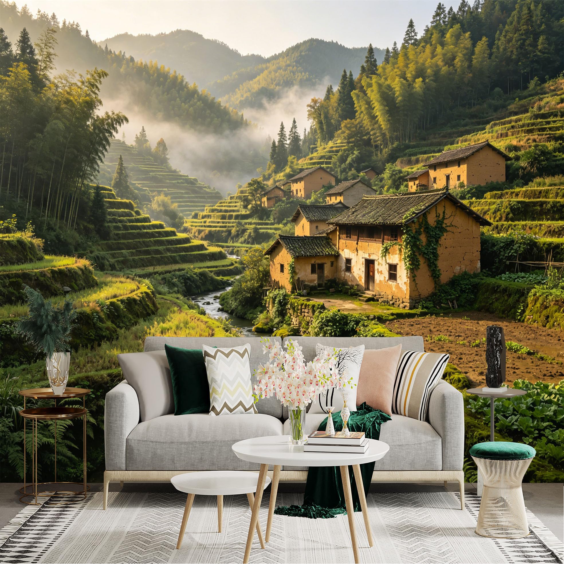 Custom Size Wall Sticker Mural， Mountain Village with Rice Terraces and Bamboo Forest， for wall Decoration， peelandstick wall Decals.