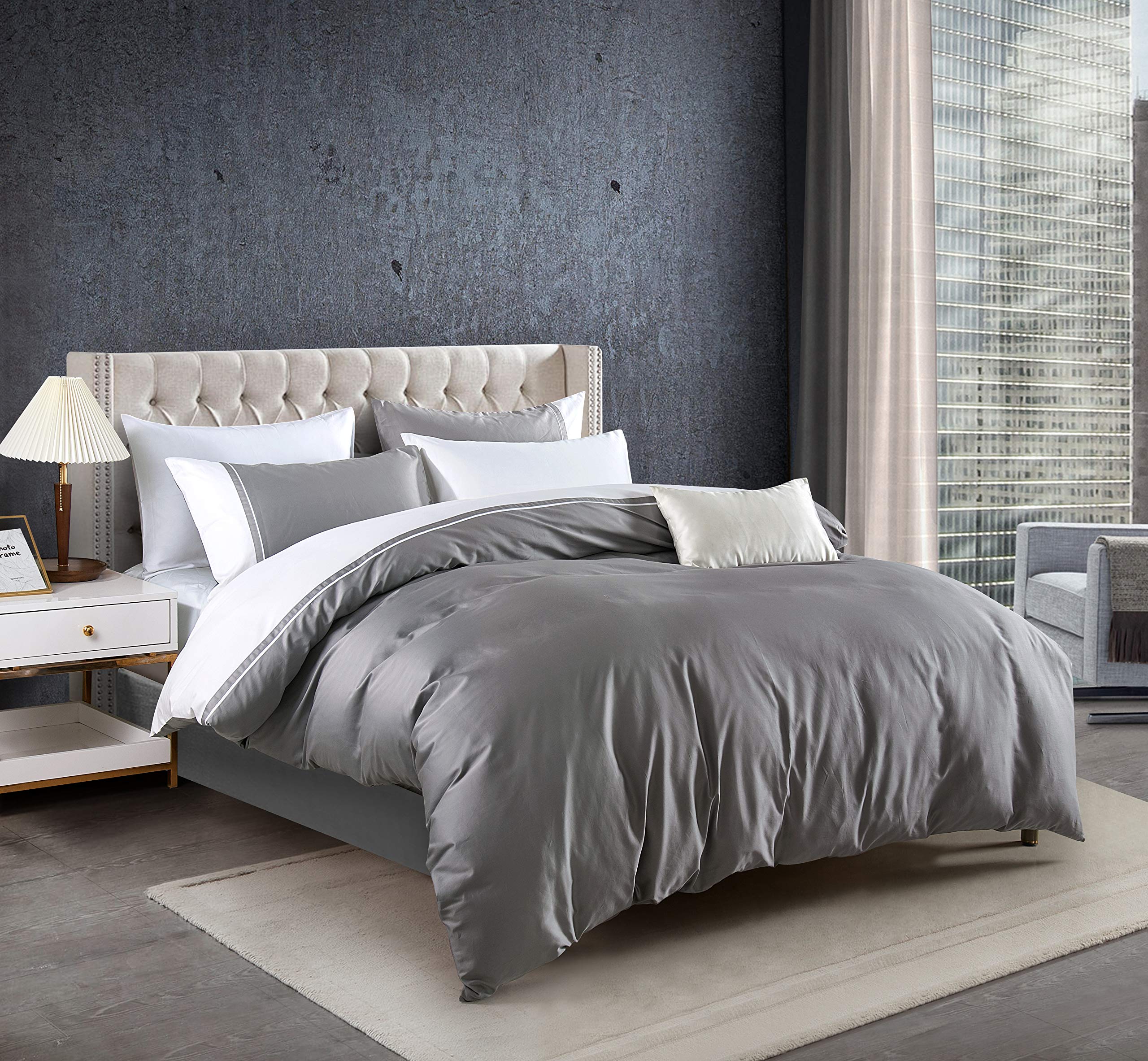 MengBoo Nocturne Gray with White Patchwork 3 Pcs Duvet Cover Set do not Include Filling 100% Cotton 300 TC Soft Sateen Hotel Collection Zipper Closure Corner Ties (Gray, King)