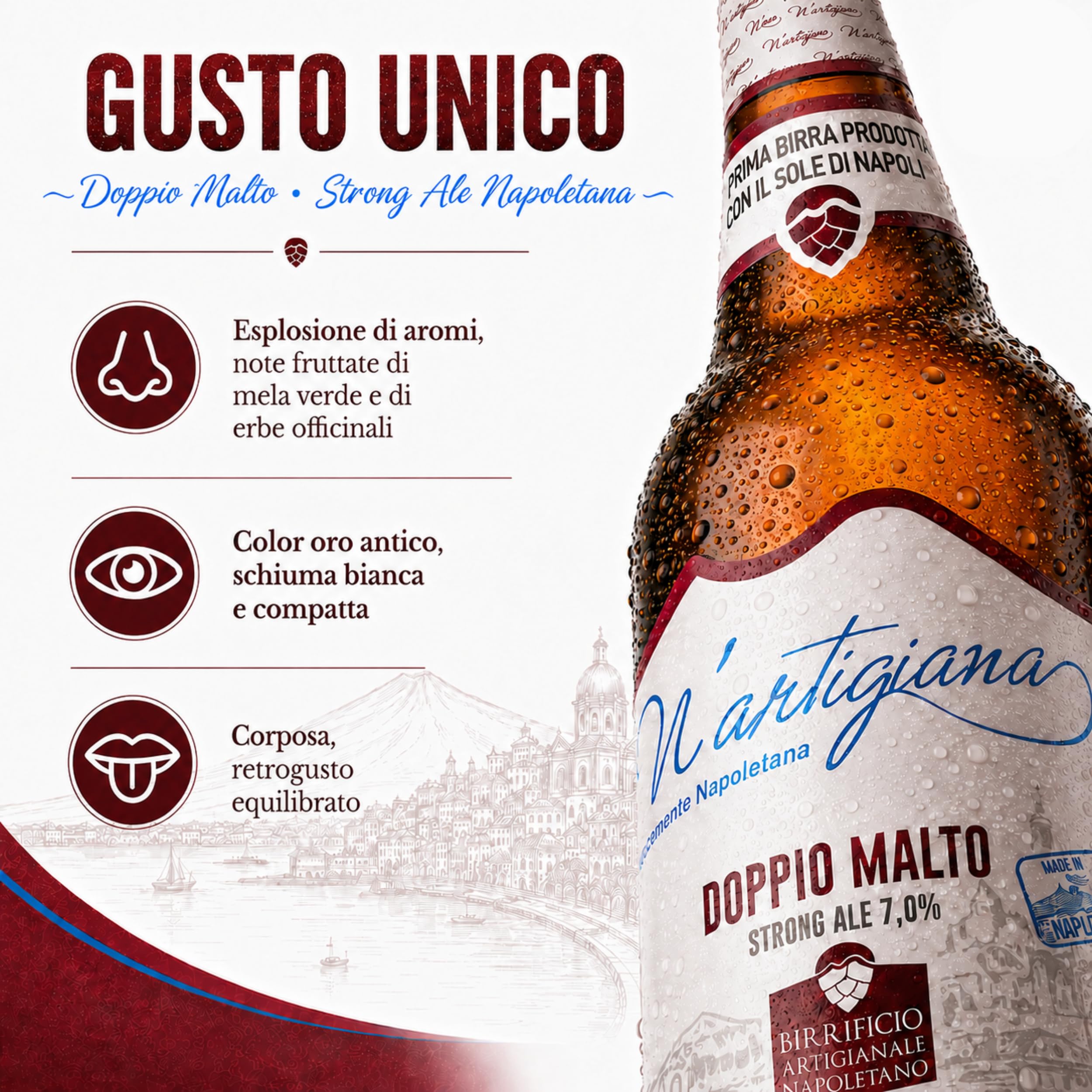 Birra Artigianale N’Artigiana Doppio Malto 66cl | Birra Strong Ale Napoletana con Puro Malto d’Orzo ad Alta Fermentazione | 7,0% Vol | Cassa da 12 Bottiglie