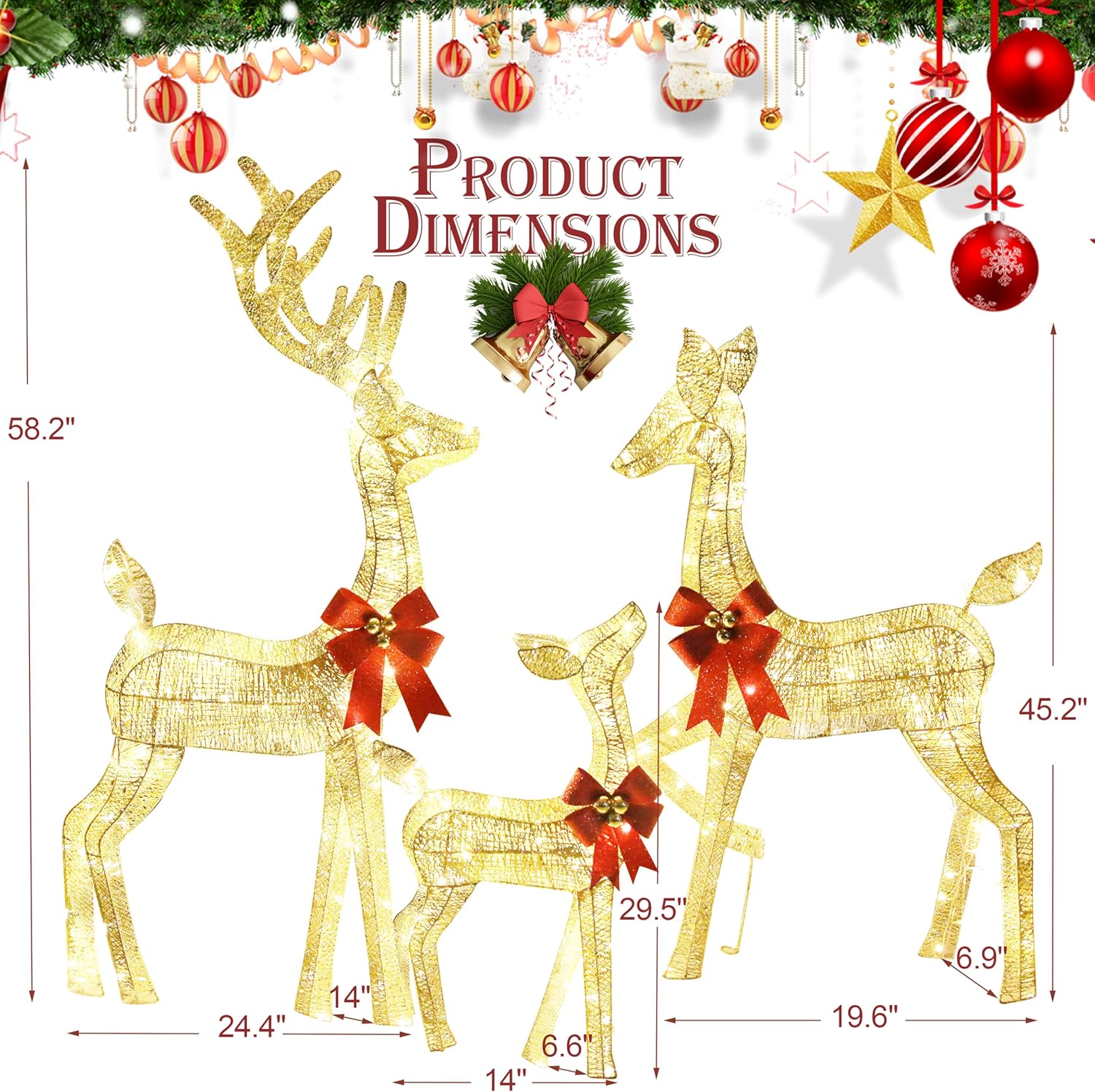 3-Piece Outdoor Lighted Christmas Reindeer Family Set, 3D Plug in 320 Count Warm Lighted Deer Christmas Decoration, Holiday Decor for Yard Patio Lawn Garden Party