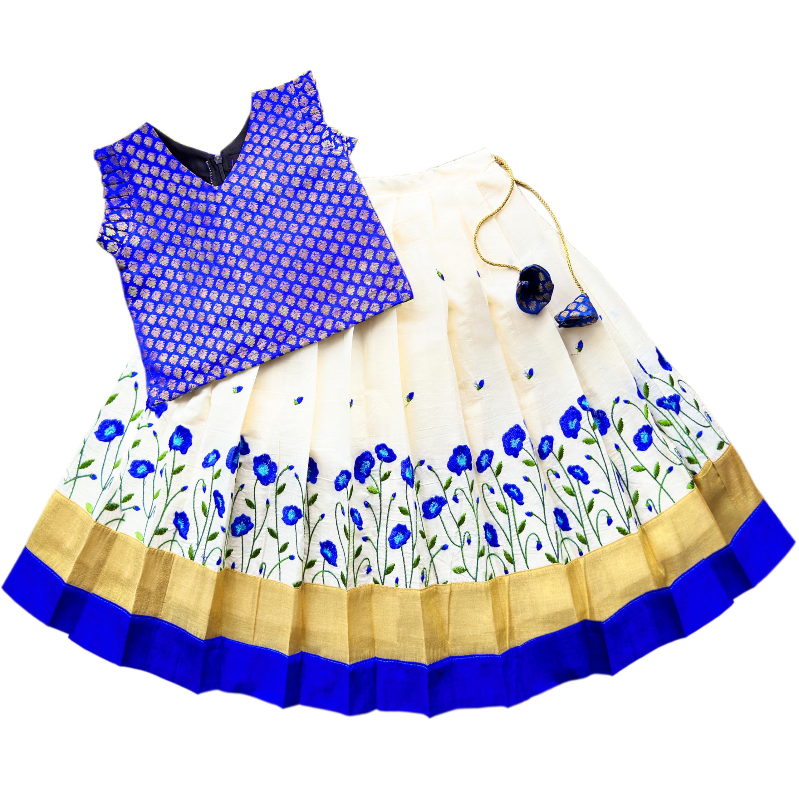 Stanwells Kids Lehenga Choli For Girls Floral Pattern Traditional Dress Ethnic Wear For Baby Girls Peacock Cotton Silk Kerala South Indian Pattu Pavadai Lehenga for Kids