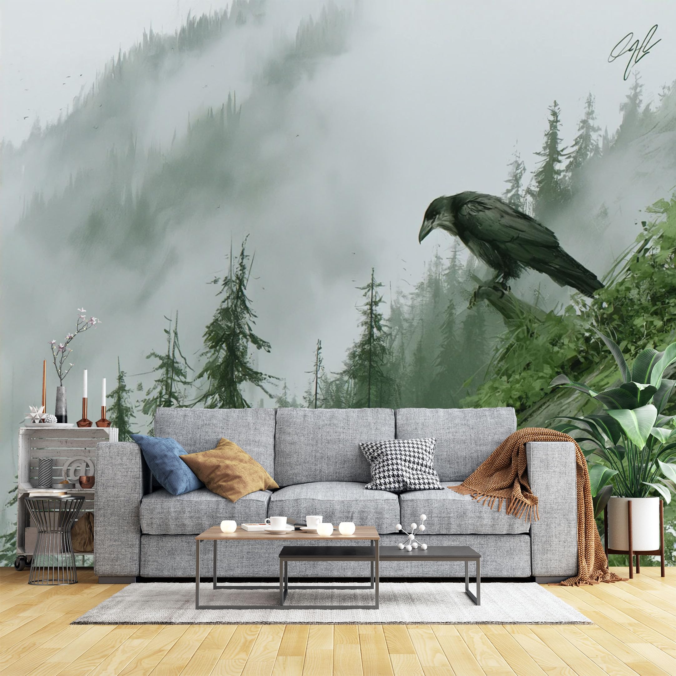Custom Size Wall Murals Raven in Misty Mountain Forest Wall Murals Moody Wildlife Art Wallpaper, Home Decor Self-Adhesive Removable Wallpaper for Living Room