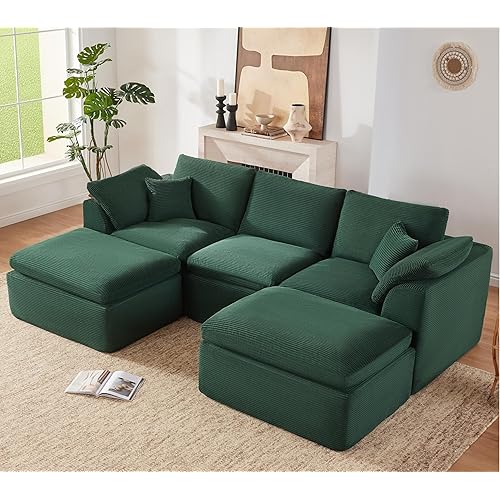 112" Cloud Sectional Couch, Boneless Couches for Living Room, U Shaped Couch with Convertible Ottoman, Modular Sectional Sofa with Deep Seat, Comfy Soft Cushions, No Assembly, Green