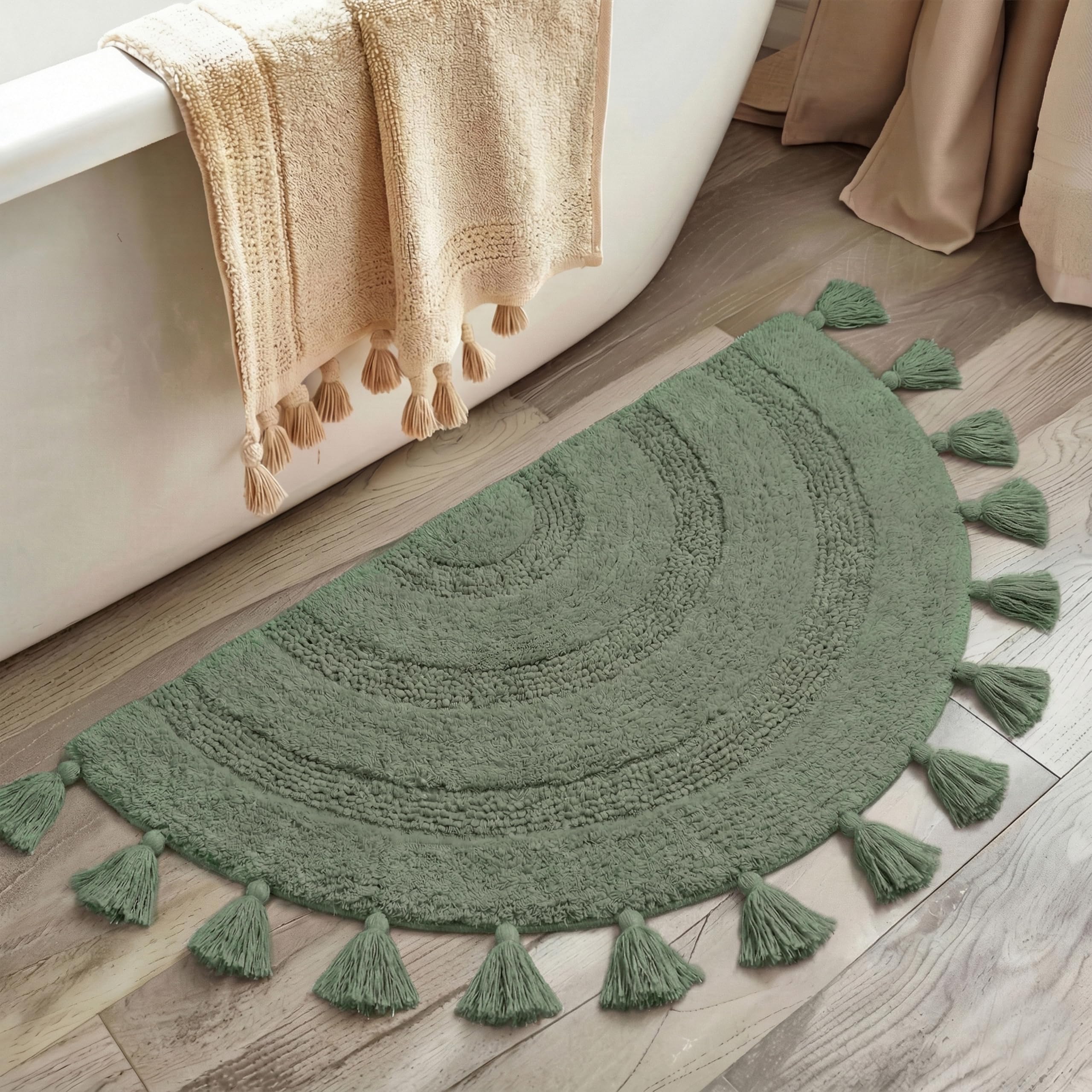 KOEXM Half Circle Boho Bathroom Rugs with Tassels for Bohemian Bedroom Soft Half Circle Rug Handcrafted Crochet Cotton Non Slip Absorbent Washable Rug