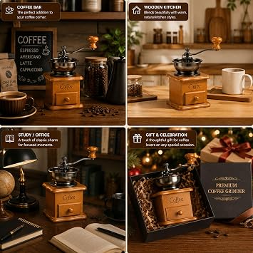 Vintage Wooden Manual Coffee Grinder - Decorative Retro Hand Crank Mill with Ceramic Burr | Portable Antique Coffee Bean Grinder for Home Use Espresso & Pour Over, Gift for Coffee Lovers