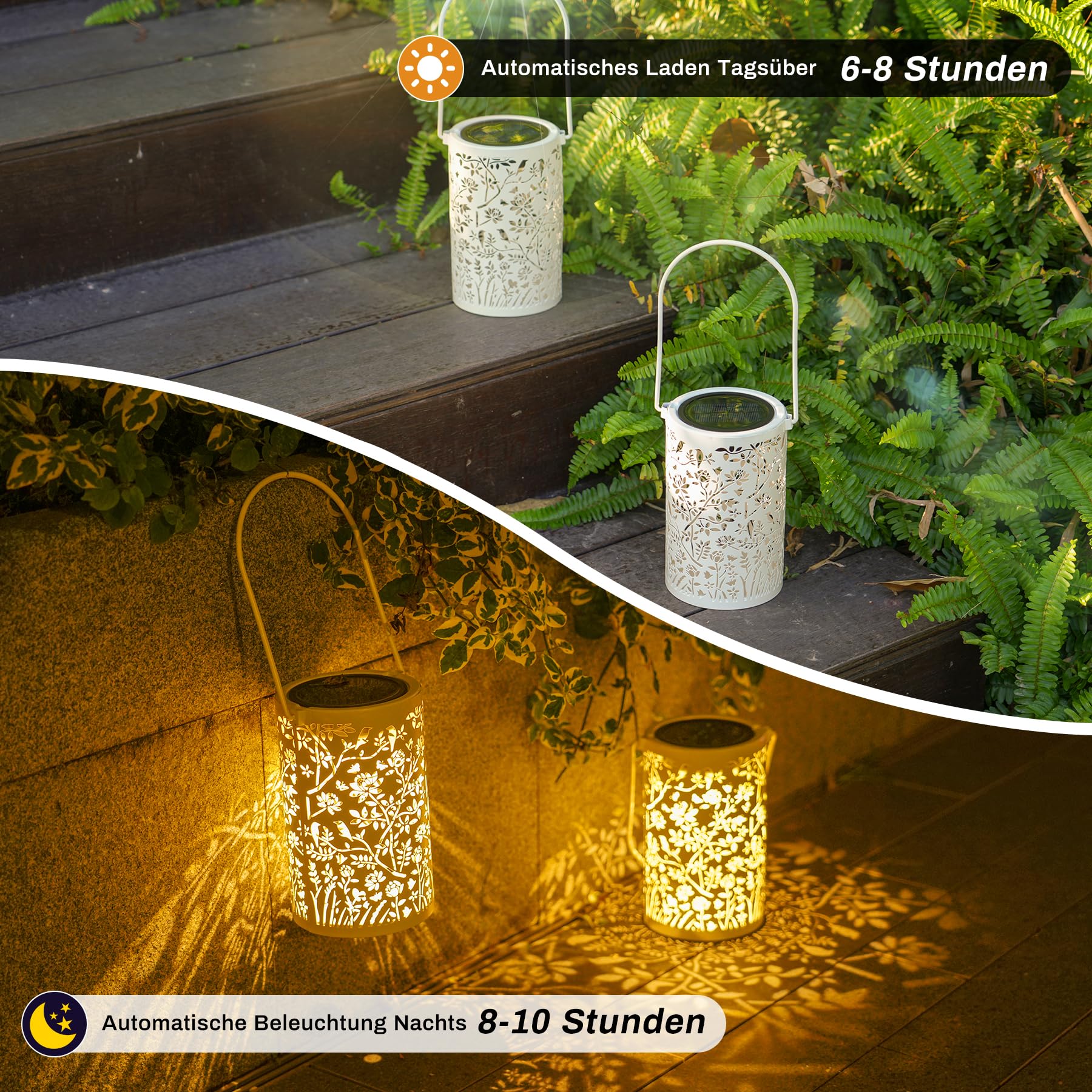 Görvitor Weiß Solarlampen für Außen Hängend 4 Stück, Vintage Solarlaterne für Außen Metall mit Blumen & Vogel Muster, Solar Laterne IP65 Wetterfest für Tisch Gartenweg Balkon Weihnachtsdeko