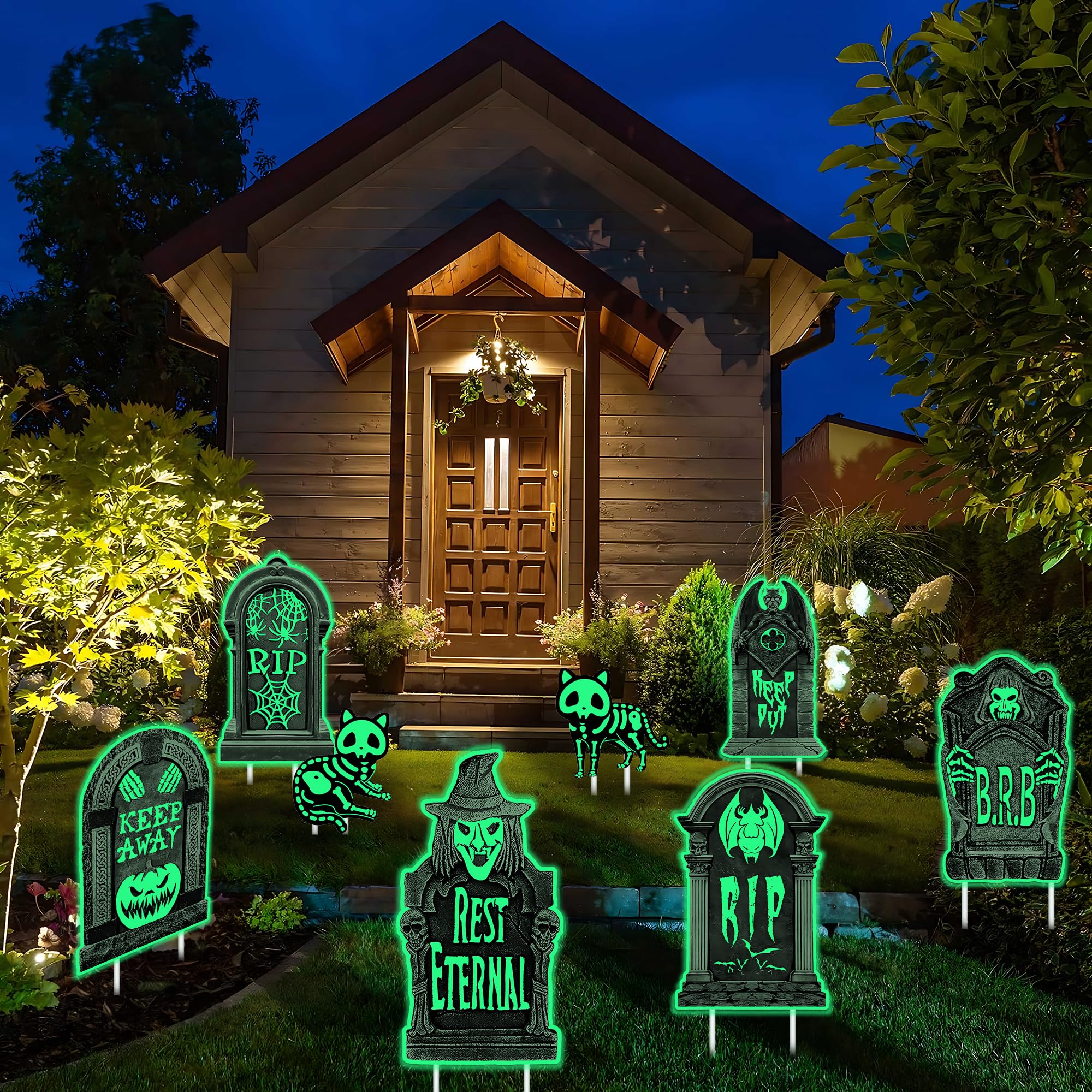 6 Pierres Pierre Tombale Halloween Fluorescence, 2 Pierres Chat Fluorescent, pour Pelouse de Lardin, Événements d'Halloween, Carnavals, Labyrinthes