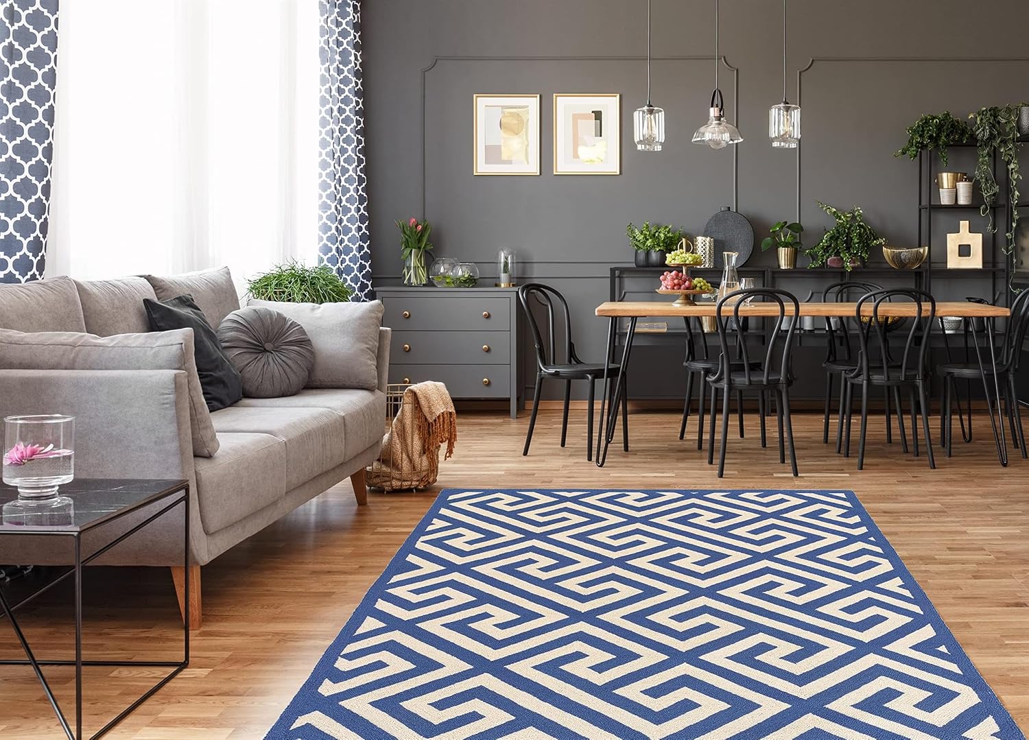 BOWERY HILL 8' x 10' Hand Hooked Wool Rug, Navy Finish, 100% New Wool, Transitional Style, Modern Greek Key and Chevron Pattern, Durable Area Rug for Living Room or Bedroom Use