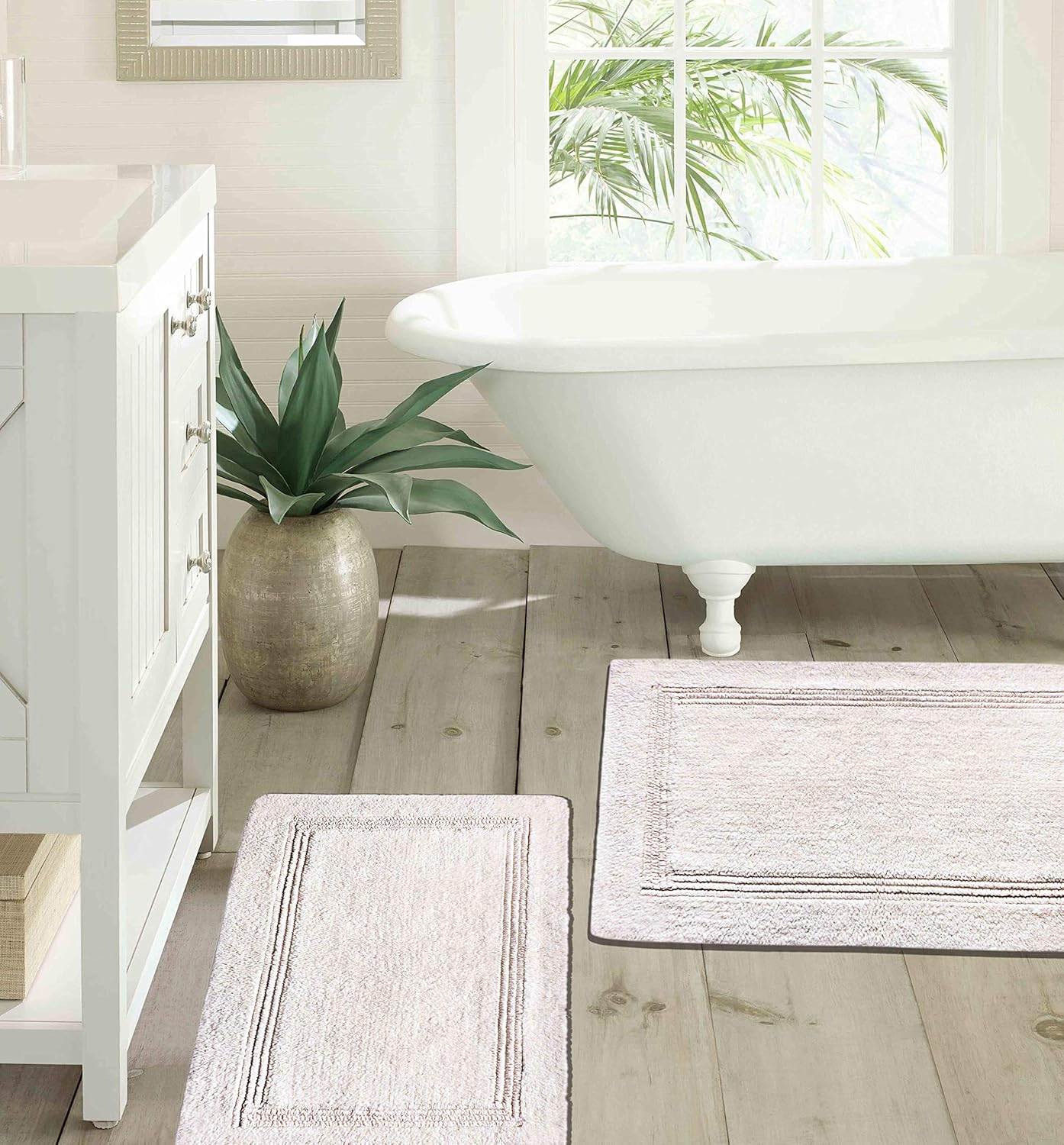 WOVEN ST. Reversible Luxury Cotton Bath Rug Floor mat for Spa Vanity Shower Soft Machine Washable Bath Rug for Bathroom/Kitchen Water Absorbent Bedroom Area Rug (Ivory Lewis, 17"x24" + 21"x34")