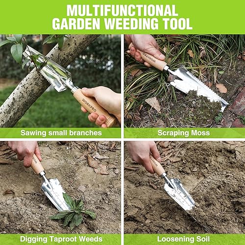 Miniatura 5 de WORKPRO Paleta de jardín con mango de madera, pala de mano estrecha de acero inoxidable, paleta de jardín plana multiusos para plantar, deshierbar,