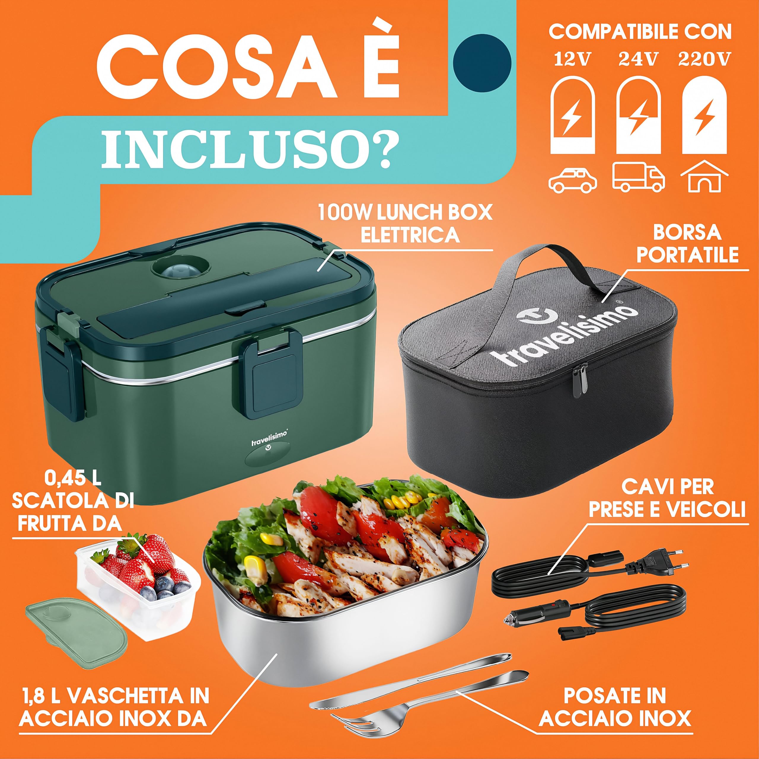 TRAVELISIMO Scaldavivande Elettrico Portatile Extra Grande 1,8L 100W Portapranzo Riscaldabile Portatile, 220V/12V/24V Porta Pranzo Riscaldabile per Viaggio e Lavoro, Porta Pranzo Termico - 5