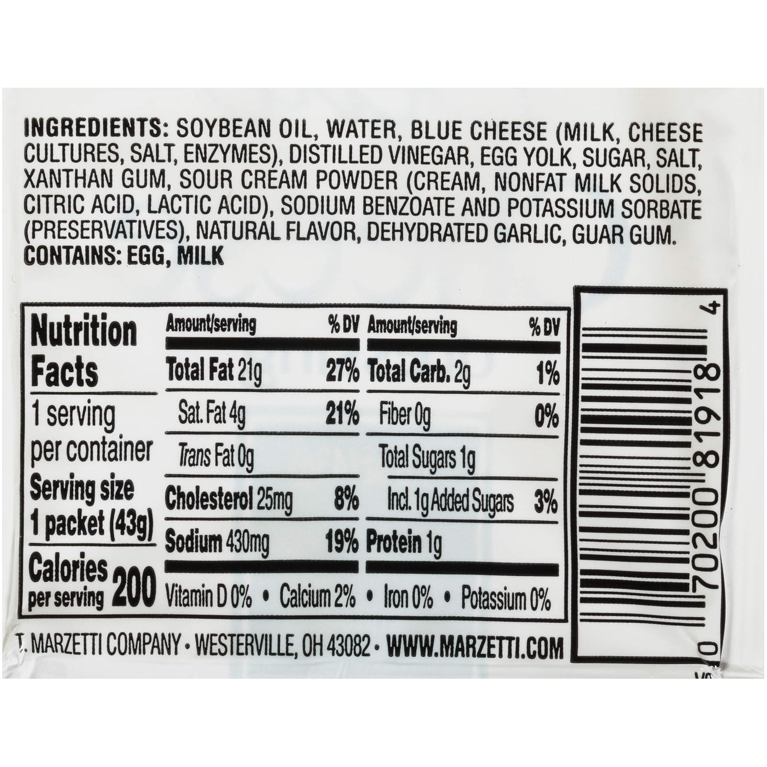 Marzetti Blue Cheese Dressing, Single Serve Packets, 1.5 oz., 120 Count
