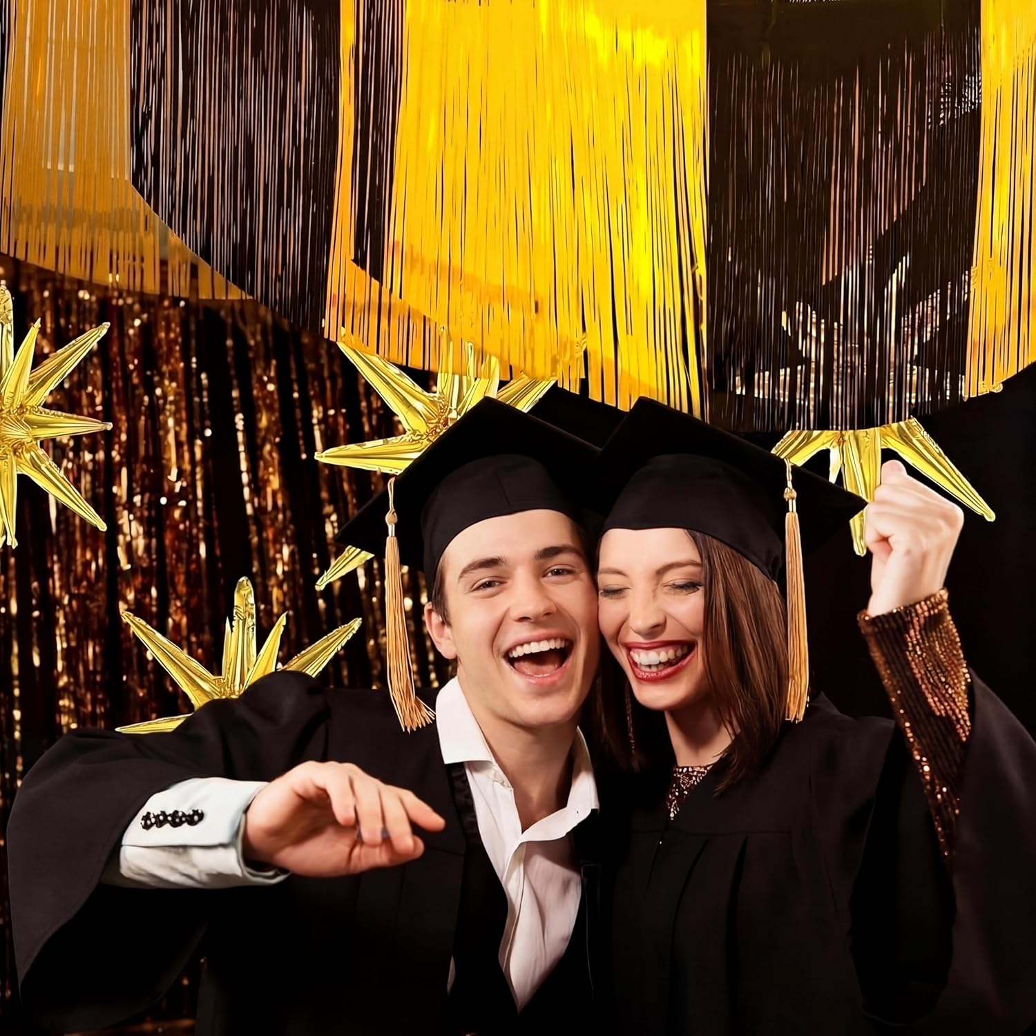 40 Pcs Graduation Party Decoration Black Gold Metallic Tinsel Star Balloon Set 9.8 ft Tinsel Streamers Foil Fringe Curtain Garland for Graduation 1920s Theme Birthday Party Decoration