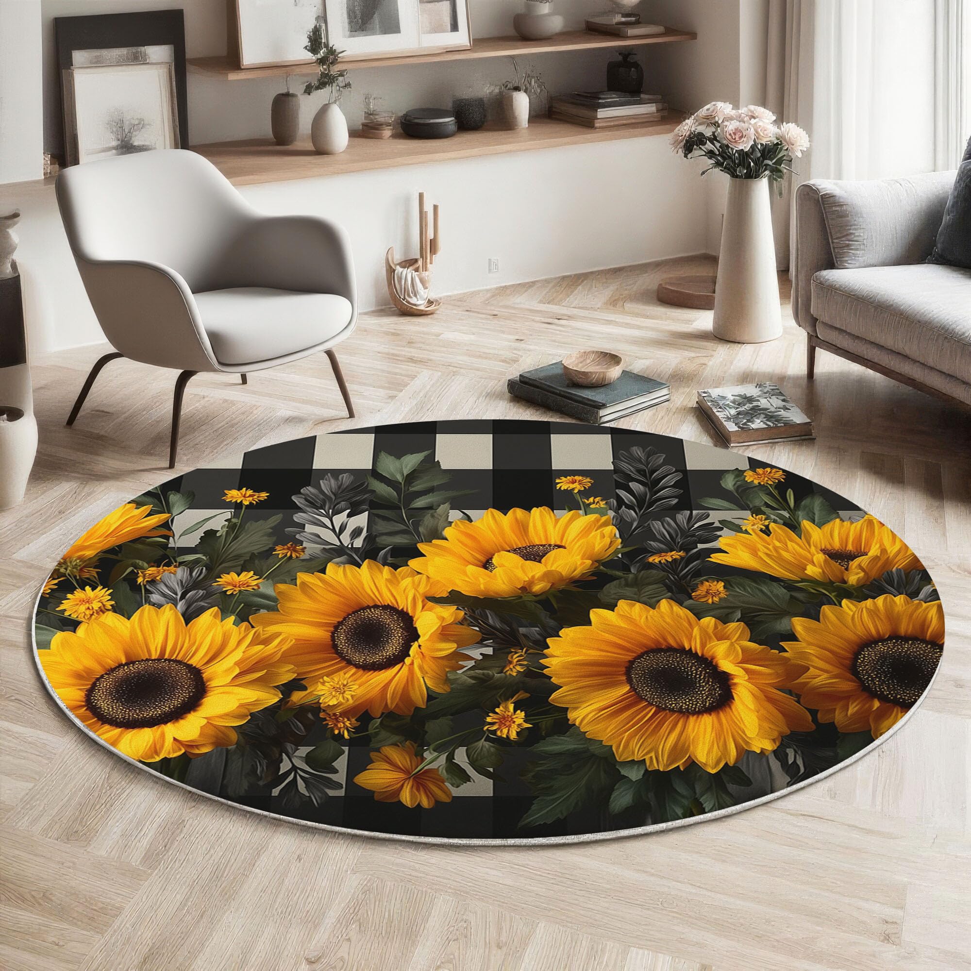 Tapis rond 120cm vintage floral noir et jaune antidérapant