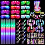 Elcoho 102 Pcs Glow In The Dark Party Supplies LED Light Up Party Favors with Shutter Glasses Garlands Tattoo Stickers Glow Sticks Finger Lights for Birthday Neon Parties Wedding Concert Raves