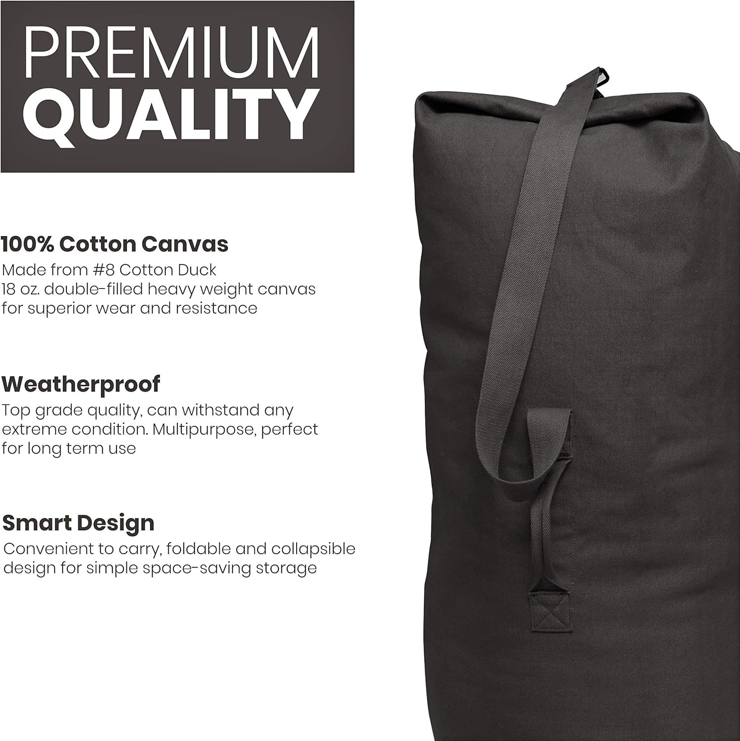 WHITEDUCK Top Load Canvas Folding Duffel Bag, Water Resistant Army Style Shoulder Bag for Men and Women- Gym, Sports, Travel, Hiking, Camping, Backpacking (Large 25" x 42",Black) - Image 4