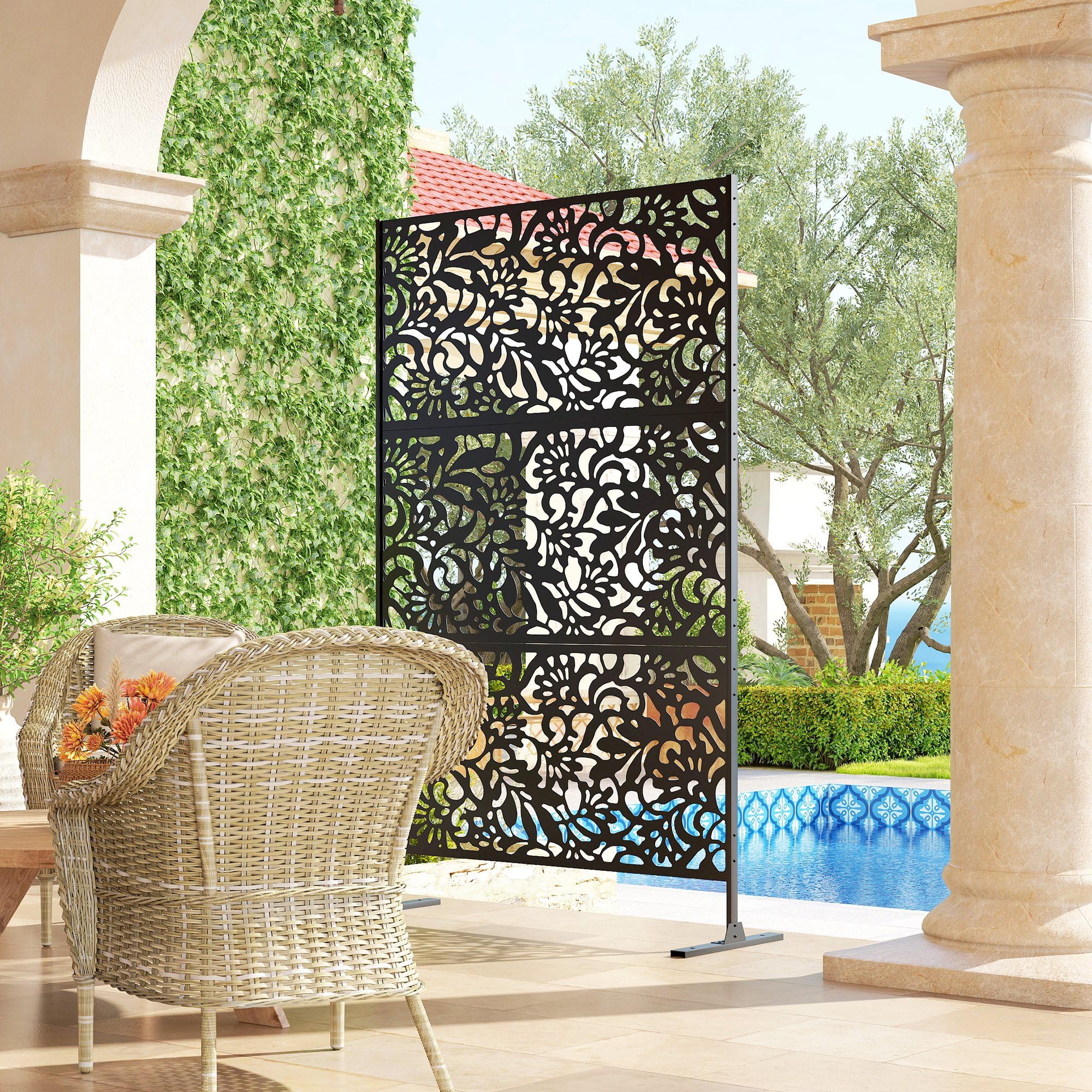 Outsunny Panneau Brise Vue décoratif Extérieur 122 x 45 x 198 cm Noir | Claustra Décoratif Jardin, 3 Panneaux à Motif Floral, Paravent Extérieur, Support en Acier Galvanisé