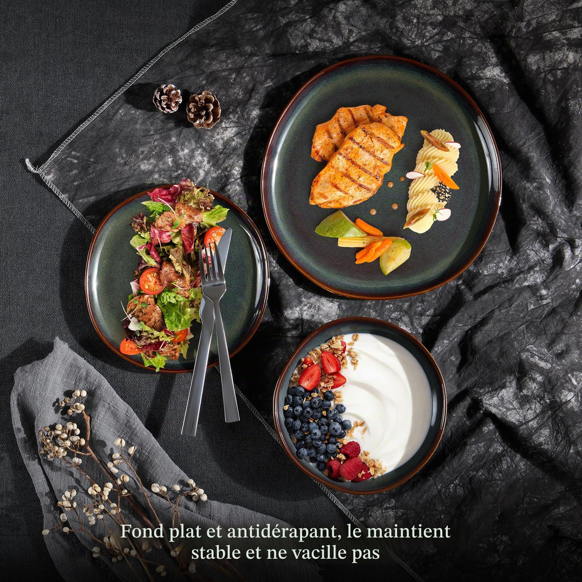 Onader Service de table pour 6 personnes, 18 pièces, en faïence, bols à céréales, assiettes à dessert, assiettes plates, anti-rayures et passe au micro-ondes, vert mousse réactive