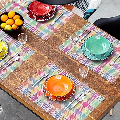 Miniatura 7 de Juego de 4 manteles individuales de primavera a cuadros, color rosa, verde, azul, colorido, búfalo, Pascua, manteles individuales de lino lavables