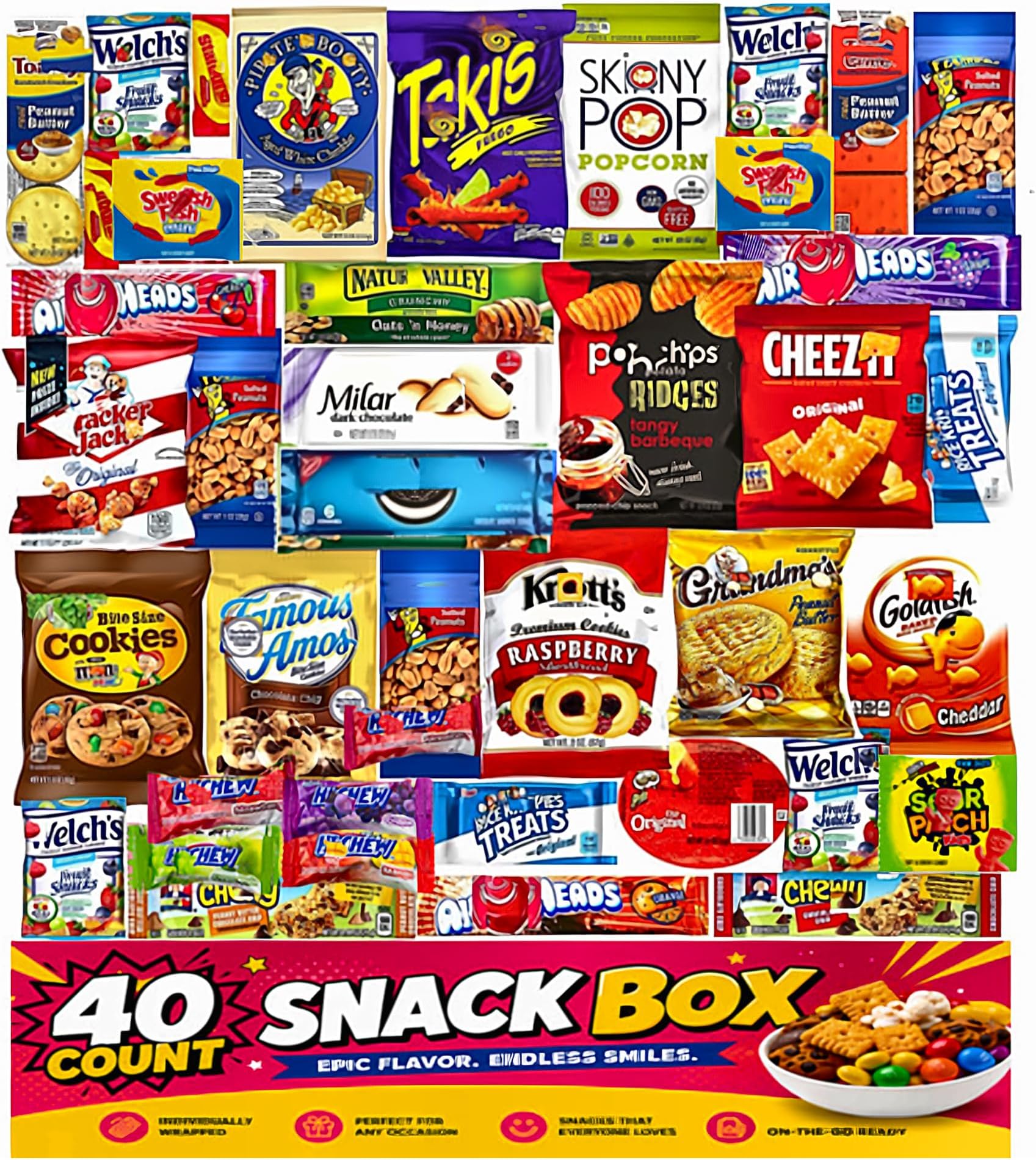 Ultimate Variety Sampler Care Package 40 Count - Ready To Gift Assorted Snacks With Cookies Chips Bars Popcorn Crackers For Adults Kids Grandkids Office Break Rooms School Snacks Camp Snack Birthday College Student Office School