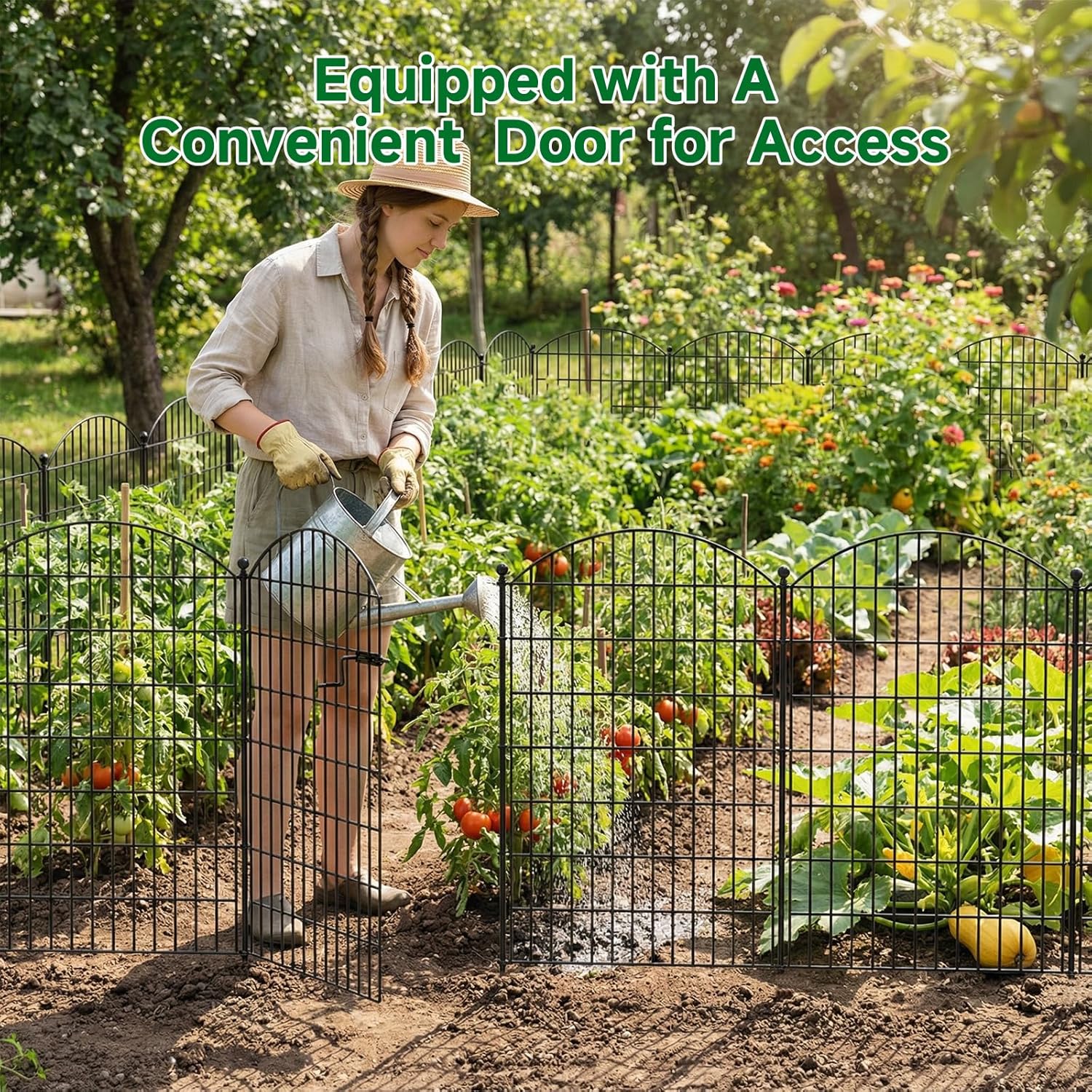 SUNYRISY Metal Garden Fence Animal Barrier with Gate, 7 Panels 40 in (H) X 15 ft(L) No Dig Dog Pet Fence Outdoor for Yard, Rustproof Temporary Fencing for Outside Garden Border