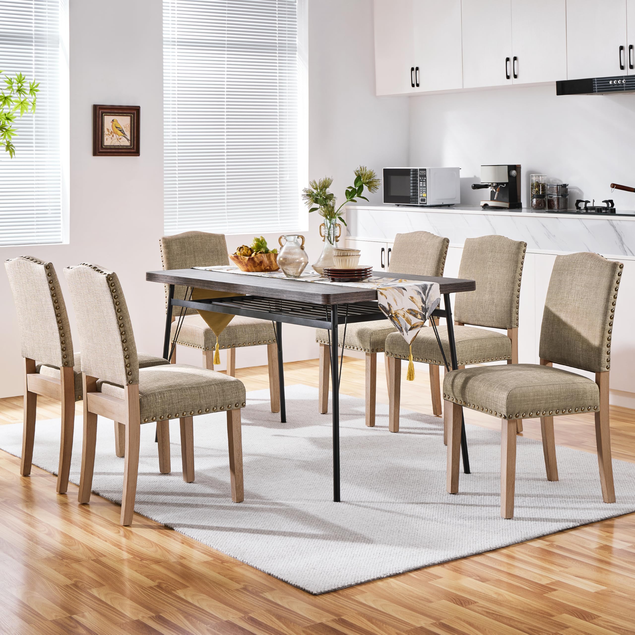 Yaheetech Set 4 Sedie da Pranzo Imbottite in Tessuto con Gambe in Legno | Cachi, Design Classico Elegante, Gambe in Legno, Ideali per Cucina e Soggiorno, Schienale Ergonomico e Comfort Quotidiano