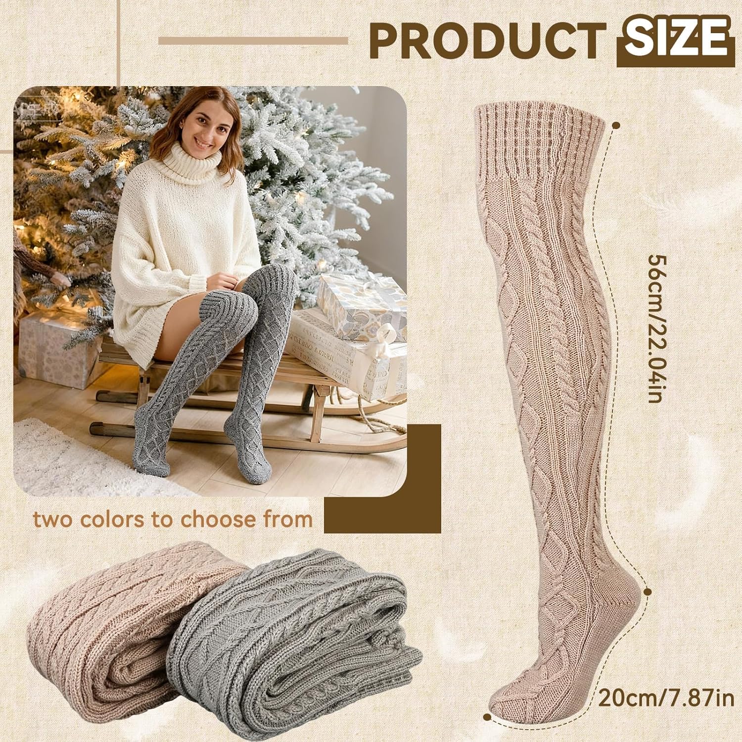 Women's Cable Knitted Thigh High Socks Cotton Over Knee Boot Stockings Winter Leg Warmers - Image 2
