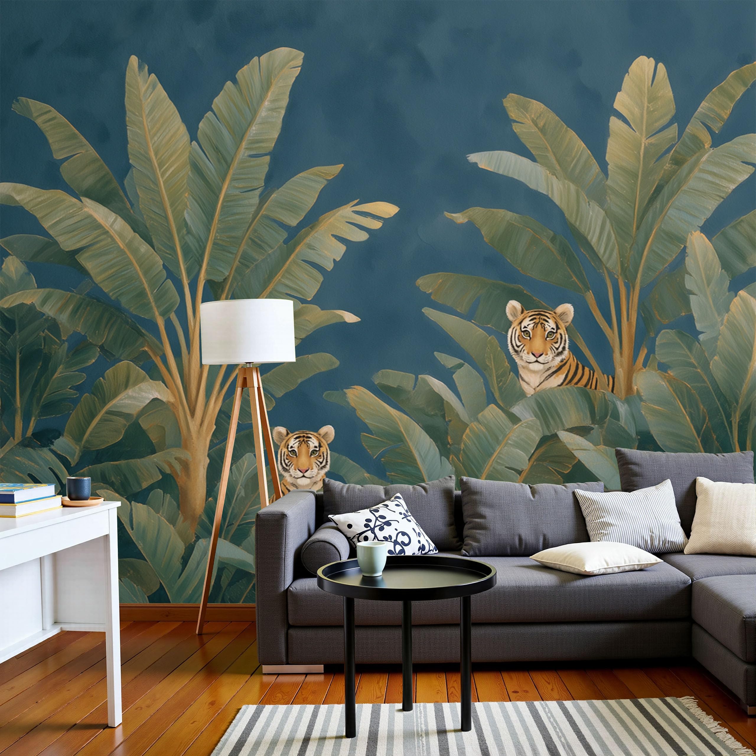 Papier peint panoramique jungle tigre bleu-vert 350x256cm fresque soie salon