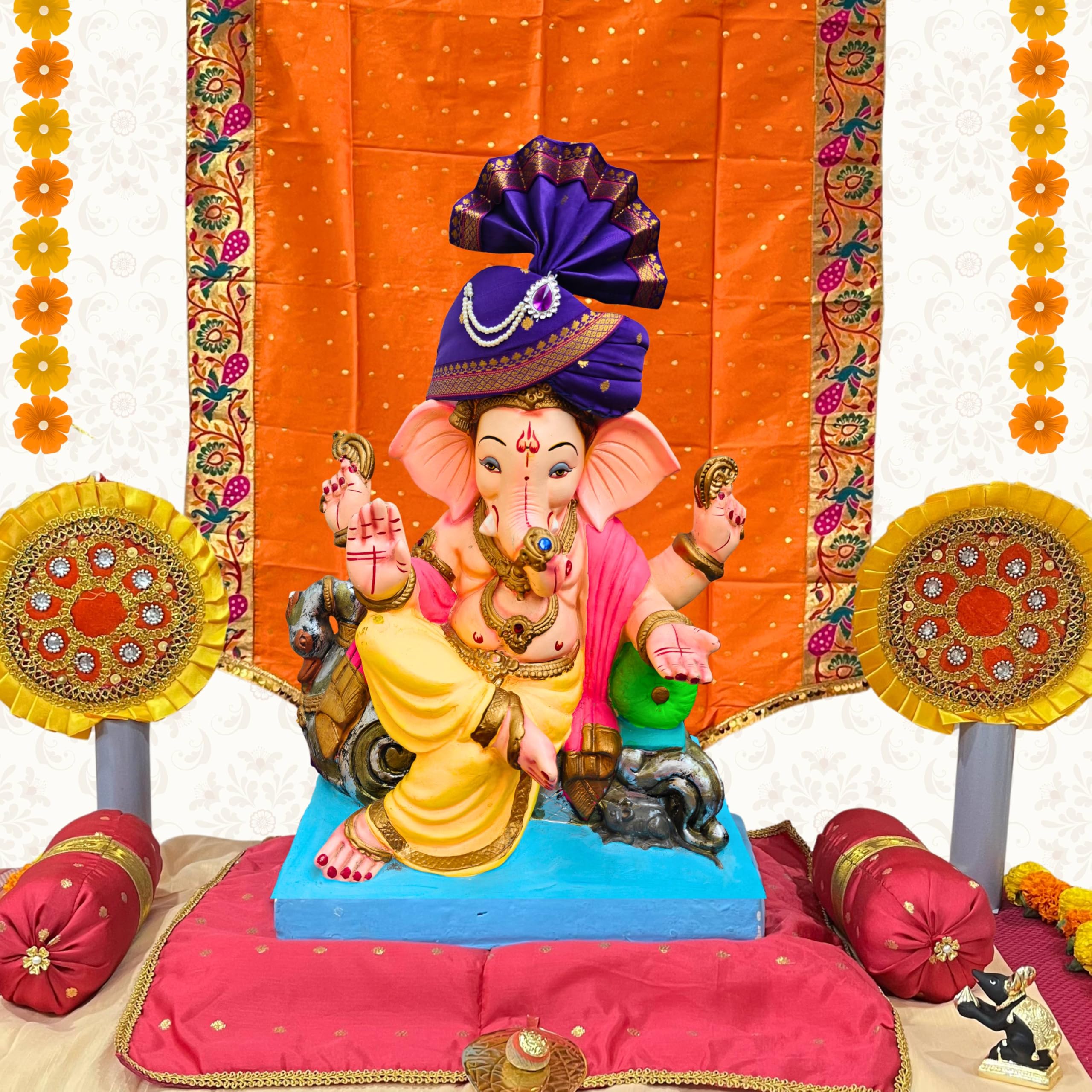 PUNYATVA Ganesh Feta Mukut (Turban, Butti, Blue) / Adjustable Ganesh Pheta, Gauri Ganpati Festival Decoration Accessories, Ganpati Jewellery, Crown, Makhar, Traditional Pagdi, God Idol Headgear 1