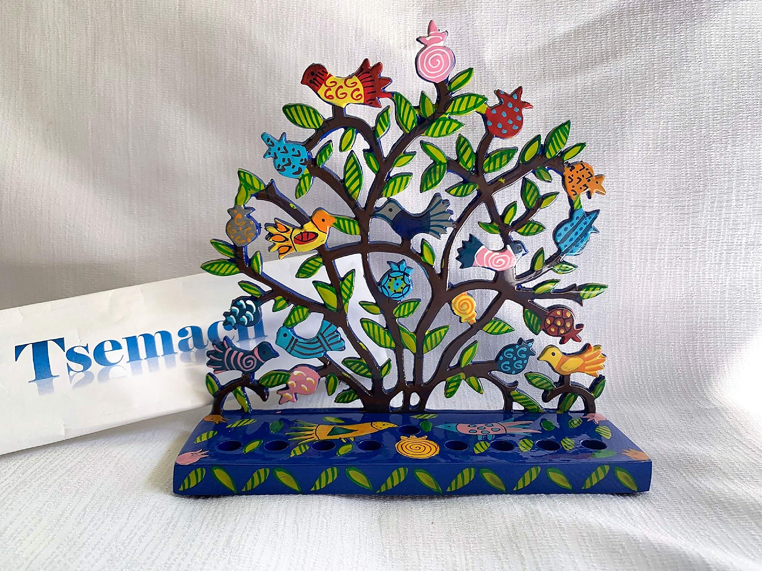 Hanukkah Menorah - Hand Painted Laser Cut - Pomegranates + Birds by yair Emanuel