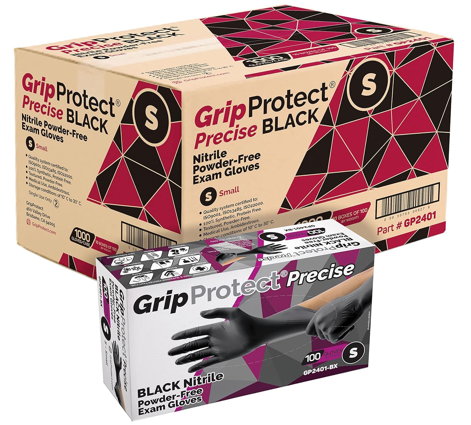 GripProtect® Precise Black Nitrile Gloves, Exam, 4 Mil, Food, Home, Cleaning, Medical/Dental, Tattoo (Small, 1,000)