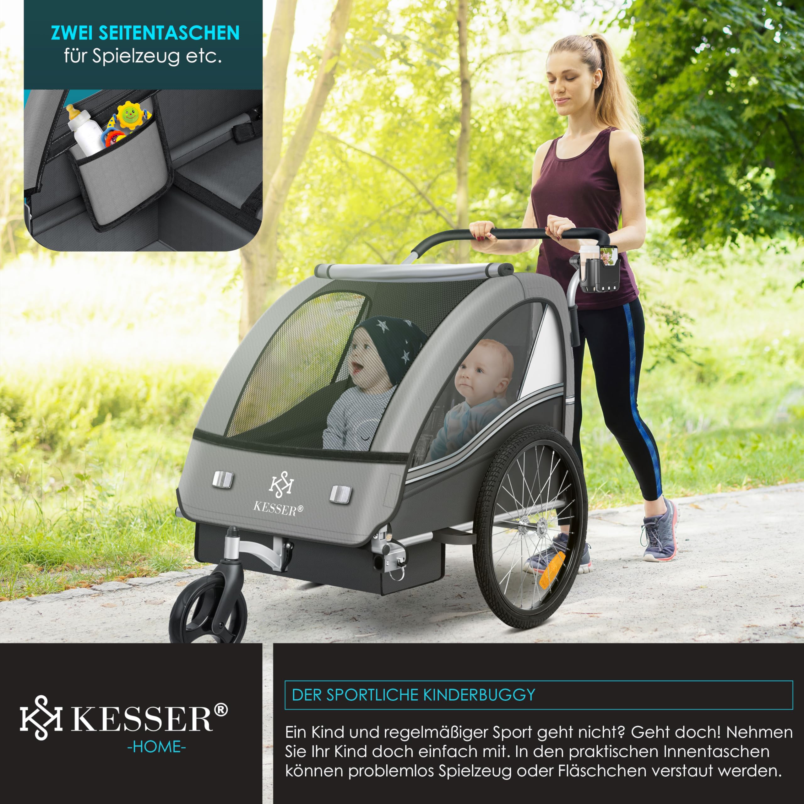 KESSER® Kinderfahrradanhänger Sport-RX 2in1 Jogger & Buggy 5-Punkt-Gurt Sicherheitsgurt 360° Vorderrad Kinderfahrradanhänger Reflektoren für 1-2 Kinder (max. 40 kg) Getränkehalter & Smartphonefach