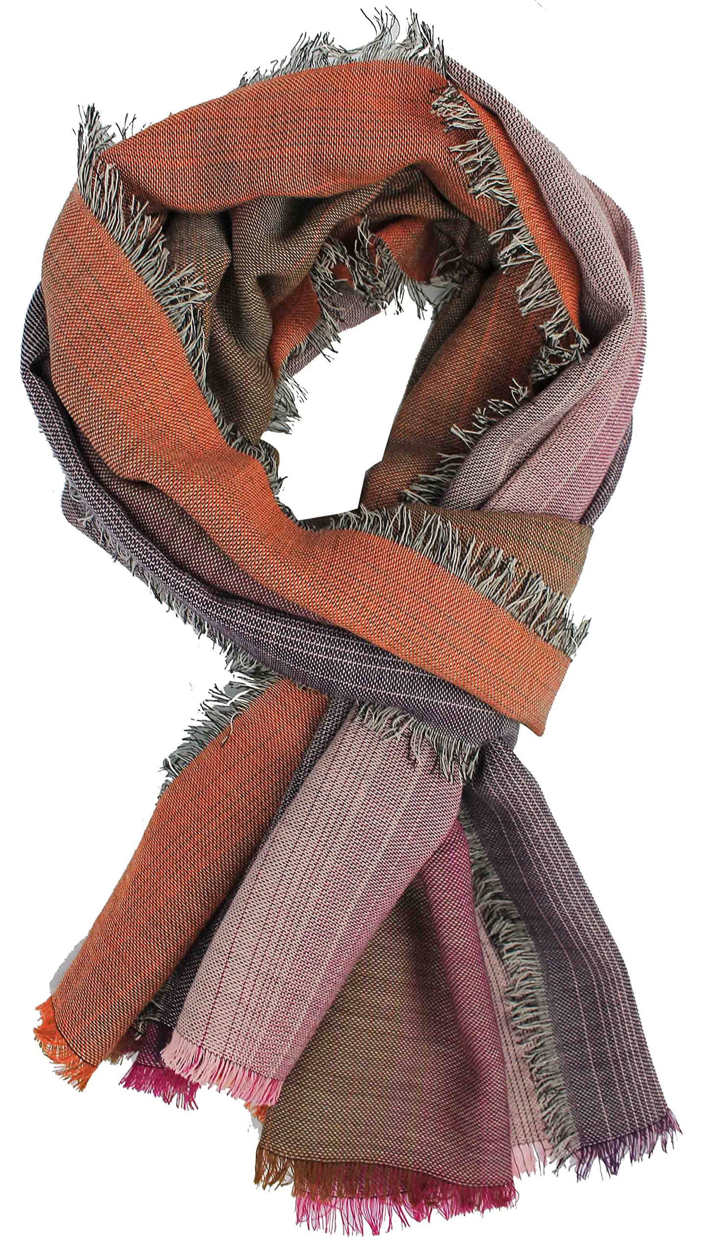 Sciarpa di lana da donna con motivo a righe, colore viola e arancione, Made in Germany