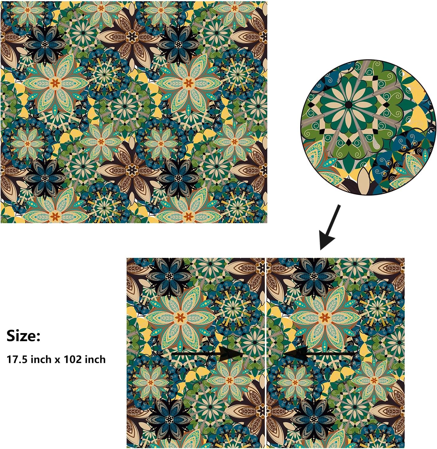 Peel and Stick Boho Wallpaper - Green Yellow Blue Floral Vintage Self Adhesive Contact Paper for Accent Wall, Backsplash, Cabinets - Bohemian Style 17.5"x102"