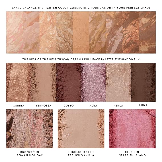 LAURA GELLER NEW YORK Baked Starter Kit- Baked Balance-n-Brighten, Fair + Best of the Best Tuscan Dreams Face Palette + Retractable Angled Kabuki Brush