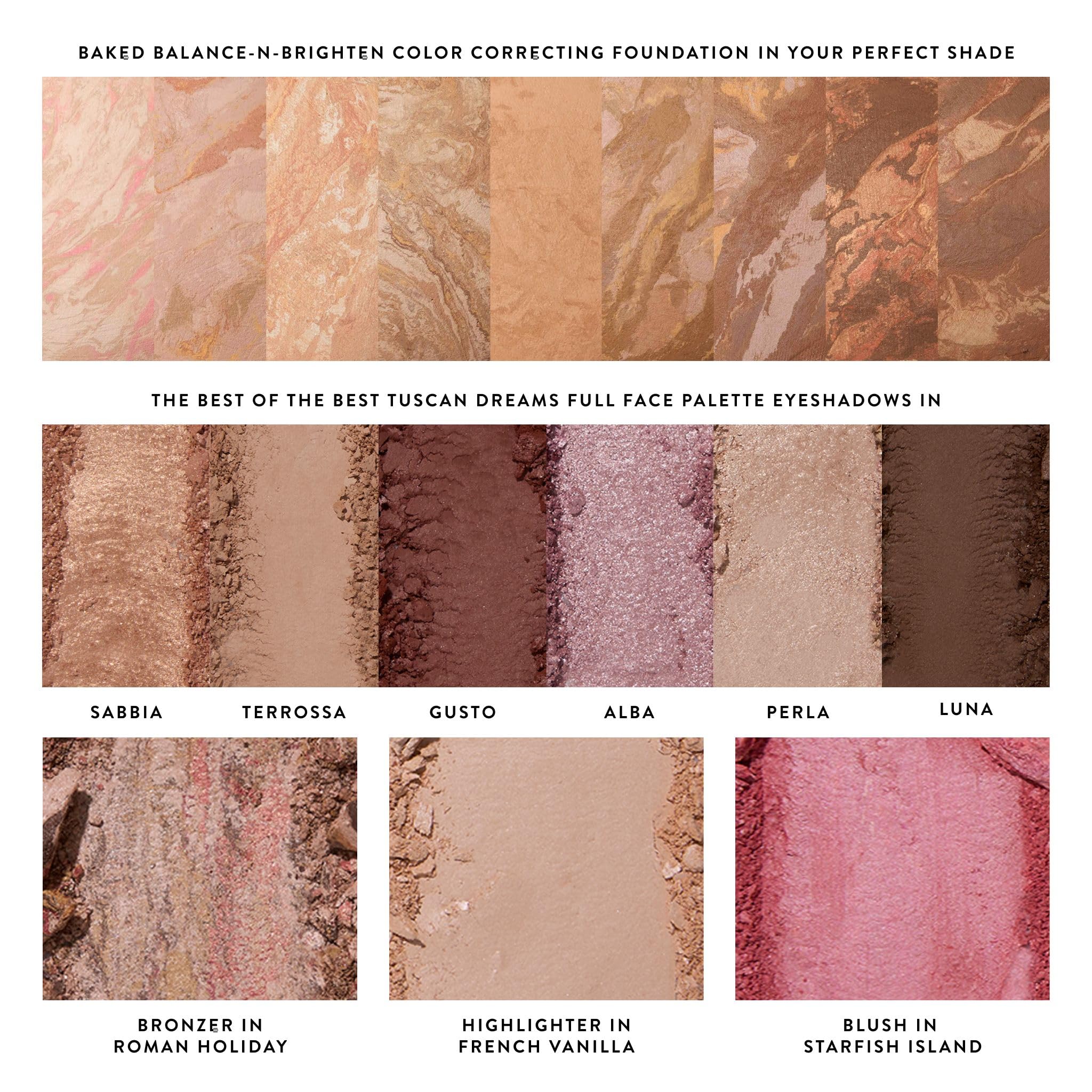 Laura Geller New York Baked Starter Kit - Baked Balance-n-Brighten, Fair + Best of the Best Tuscan Dreams Gesichtspalette + einziehbarer abgewinkelter Kabuki-Pinsel (hell)