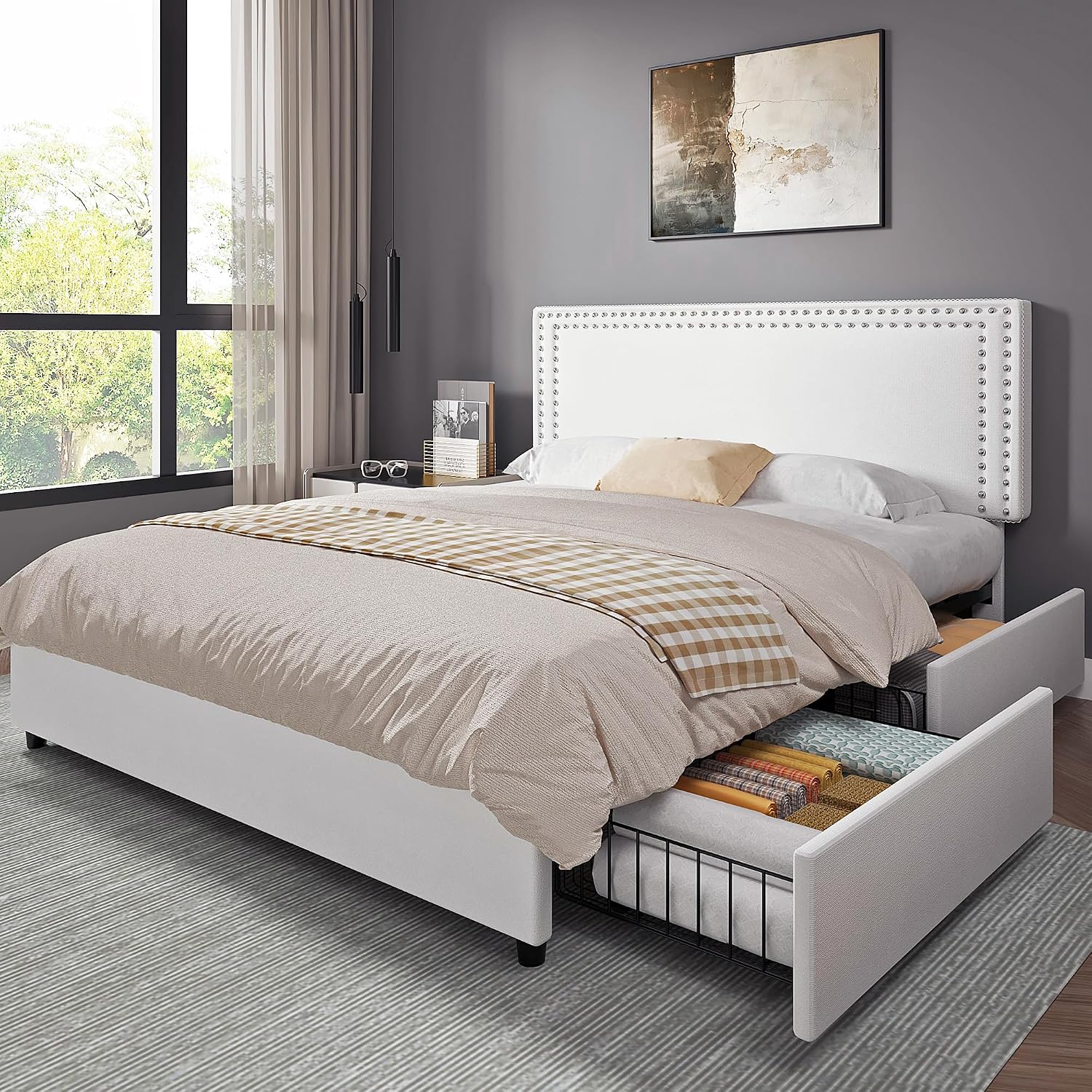 VECELO Queen Size Upholstered Bed Frame with 4 Drawers and Adjustable Headboard, Velvet Platform Storage Bedframe Mattress Foundation, Wooden Slats Support, No Box Spring Needed, White